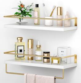 Dazzed Corner - Floating Shelves with Golden Towel Rack, Set of 2 Wall Mounted Hanging Bathroom Shelves - White Gold