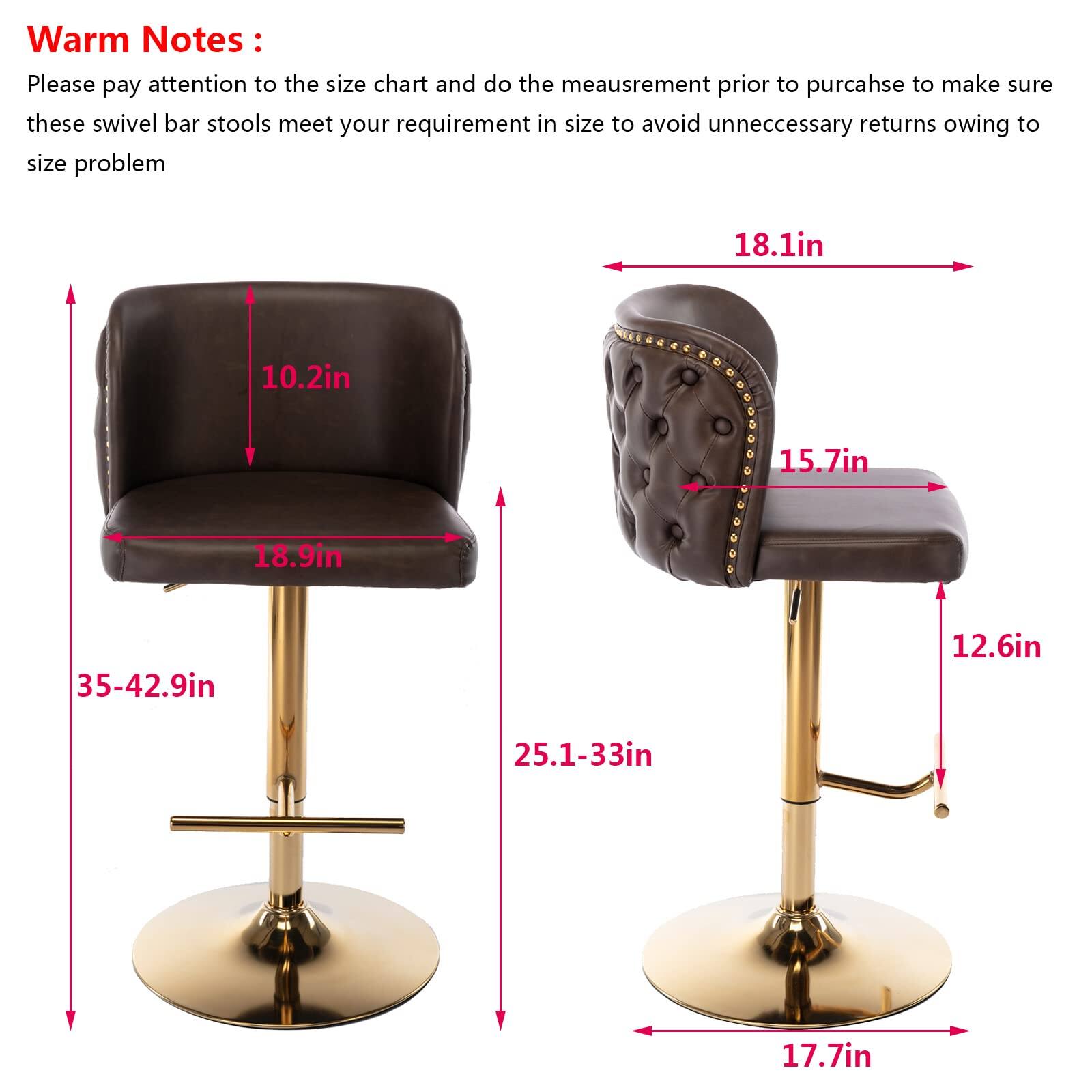 Warm Notes:  
Please pay attention to the size chart and do the measurement prior to purchase to make sure these swivel bar stools meet your requirement in size to avoid unnecessary returns owing to size problem.

- 18.1in
- 10.2in
- 18.9in
- 15.7in
- 12.6in
- 17.7in
- 35-42.9in
- 25.1-33in