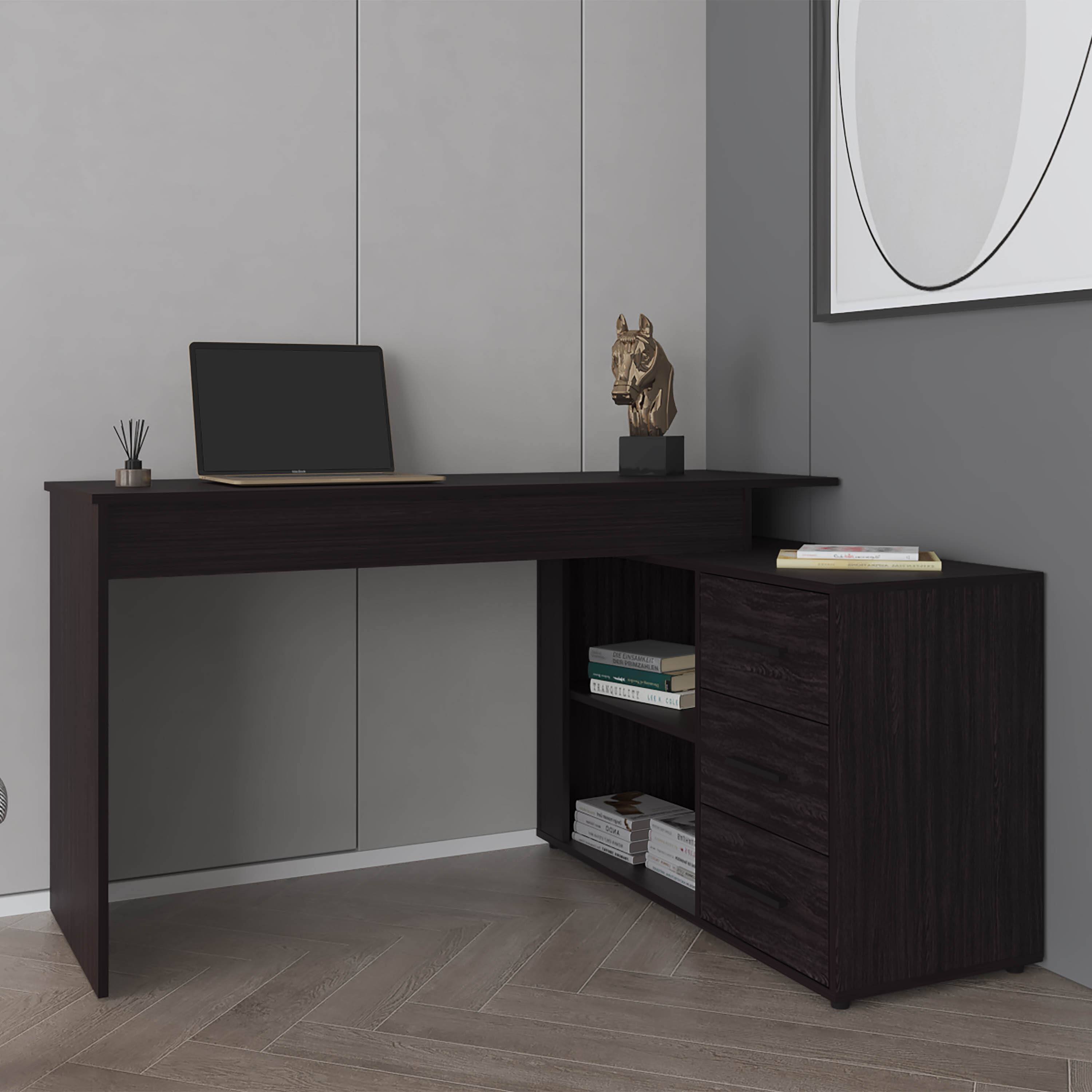 Front. TinyHomie - Upton LShape Home Office Desk Studio Bedroom Library Study Table Work Black - Black.