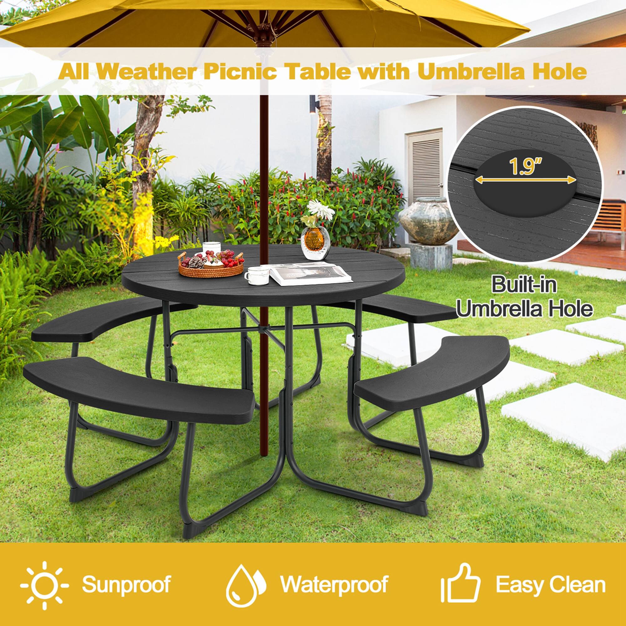 All Weather Picnic Table with Umbrella Hole, 1.9" Built-in Umbrella Hole, Sunproof, Waterproof, Easy Clean