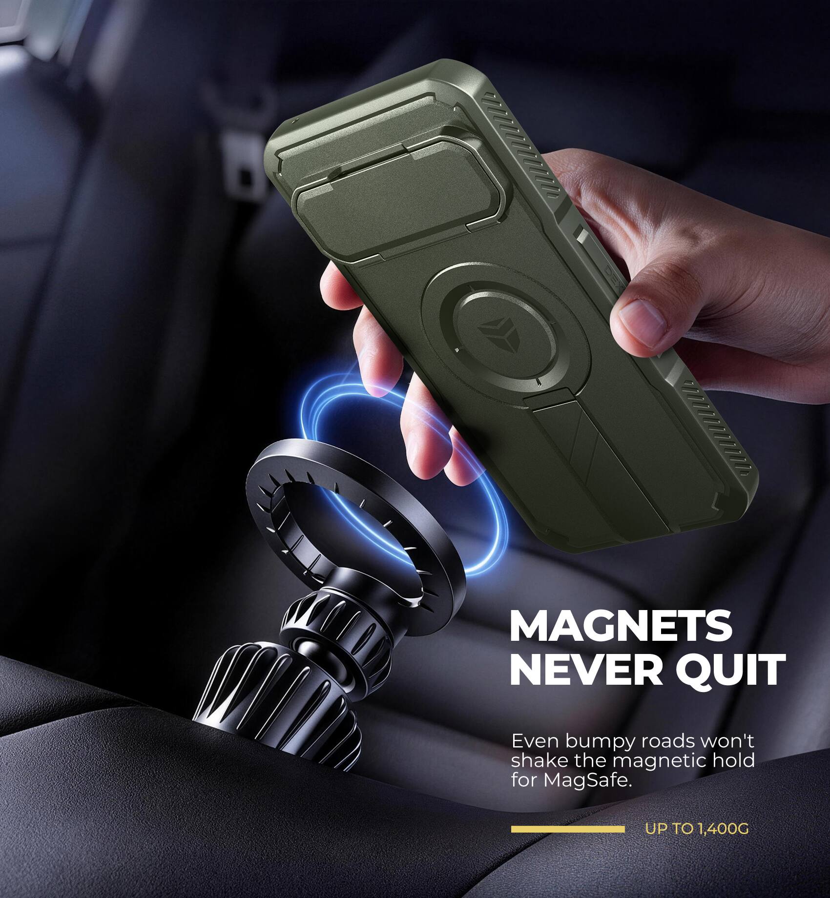 MAGNETS NEVER QUIT

Even bumpy roads won't shake the magnetic hold for MagSafe.

UP TO 1,400G