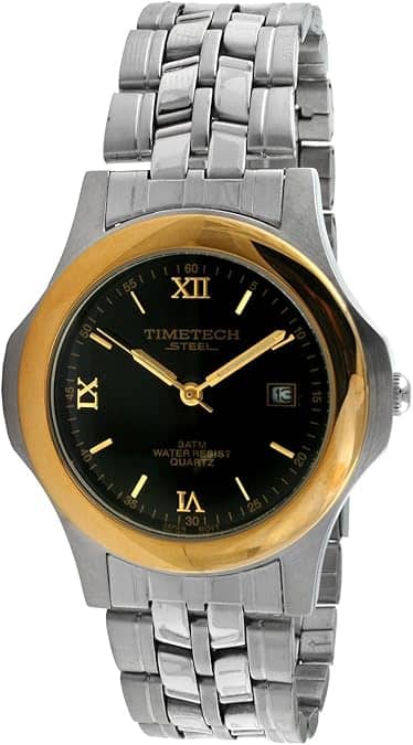 Timetech - Men's Water Resistant Stainless Steel Two-Tone Black Dial Bracelet Watch - Silver