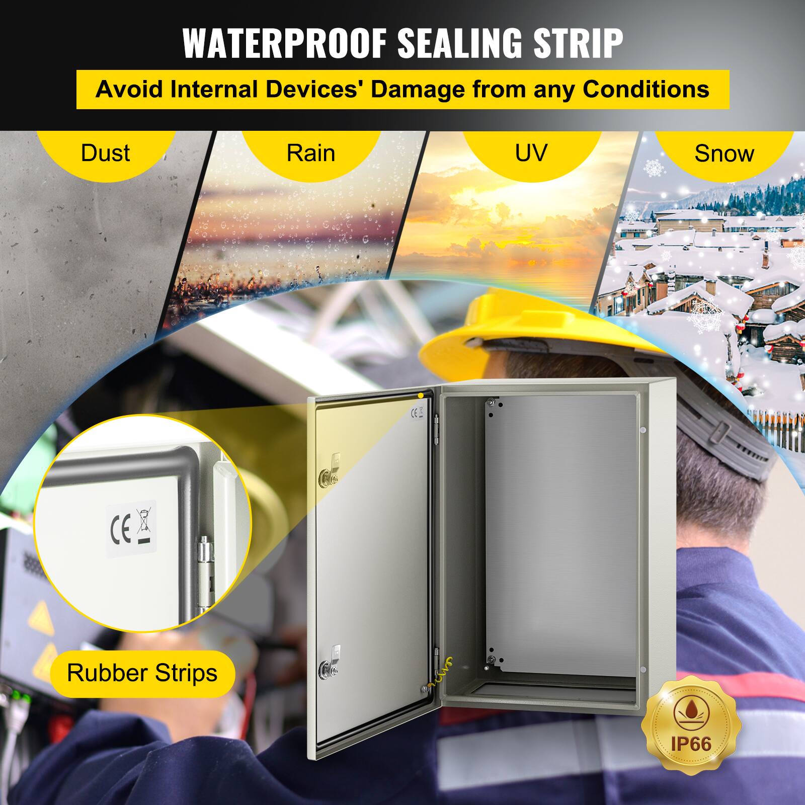 WATERPROOF SEALING STRIP  
Avoid Internal Devices' Damage from any Conditions  
Dust  
Rain  
UV  
Snow  
CE  
Rubber Strips  
IP66