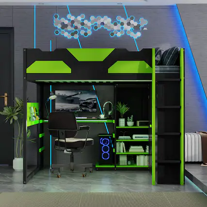 Front. Anysun - Full Size Wood Loft Bed with Desk, Multi-storage Shelves,USB and RGB Light - Green.