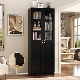 Aheaplus - 80'' Tall Bookcase with Glass Doors, 6-Tier Farmhouse Bookcase with Adjustable Shelves - Black
