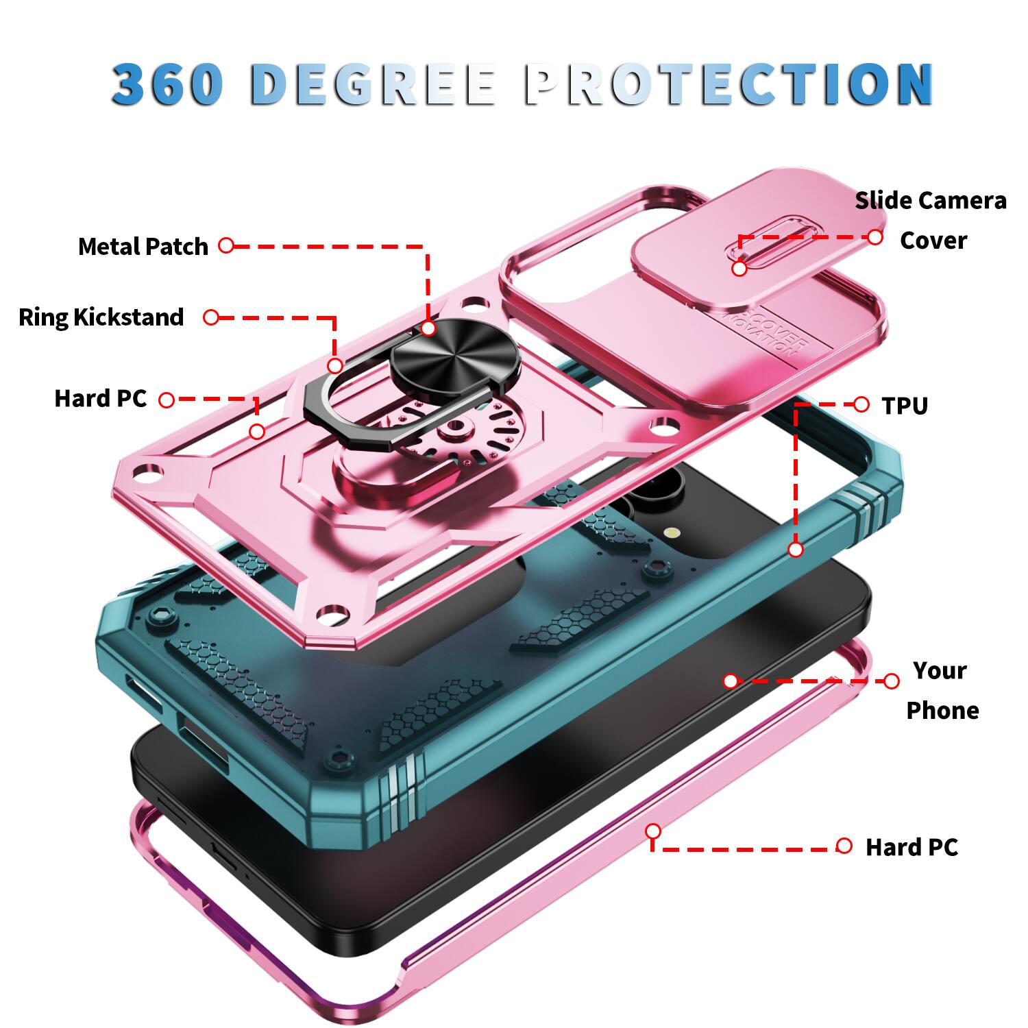 360 Degree Protection Slide Camera Metal Patch Cover Ring Kickstand Hard PC TPU Your Phone