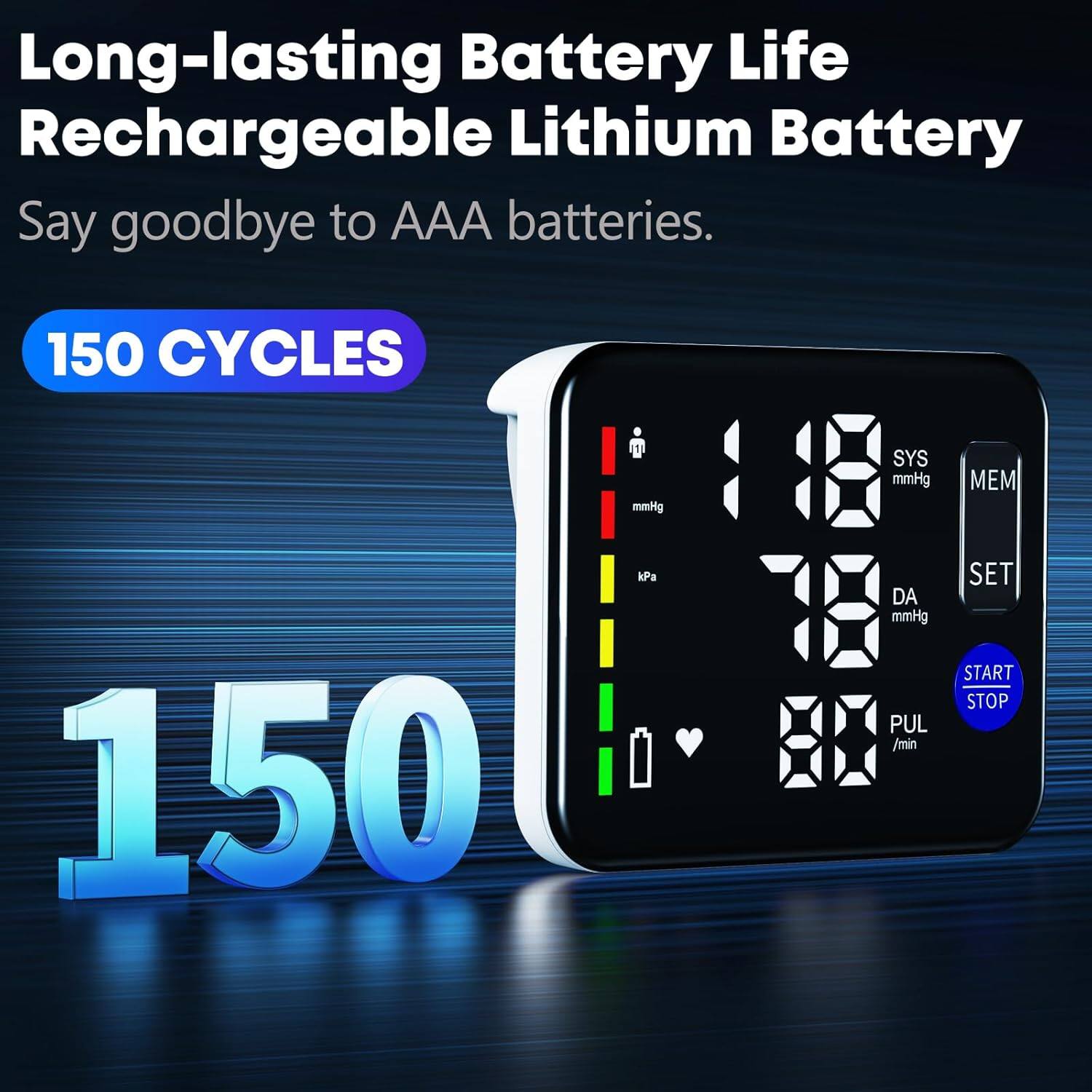 Long-lasting Battery Life  
Rechargeable Lithium Battery  
Say goodbye to AAA batteries.  

150 CYCLES  

150