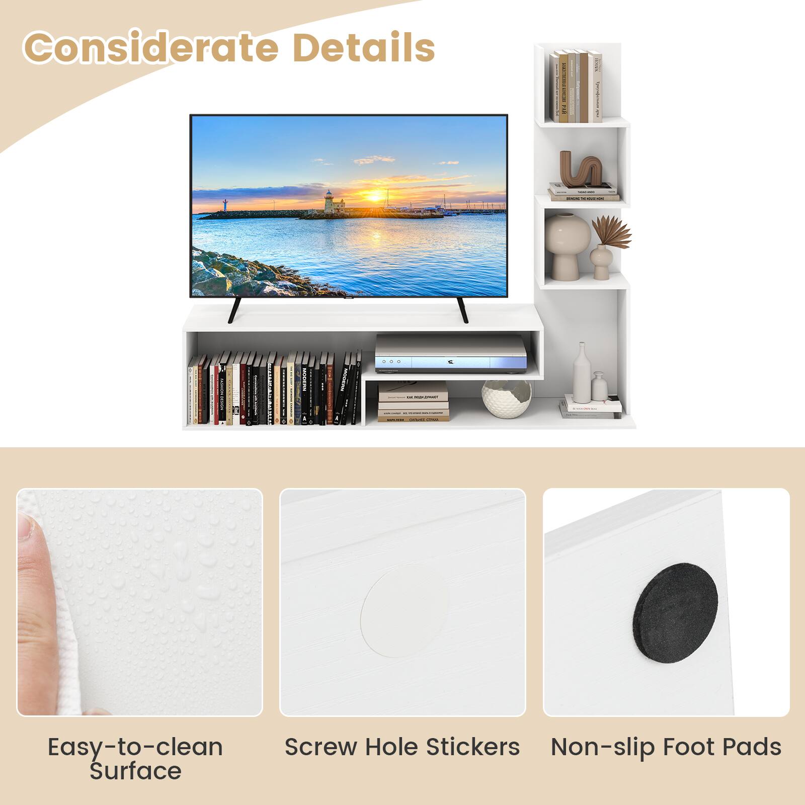 Considerate Details | Easy-to-clean Surface | Screw Hole Stickers | Non-slip Foot Pads