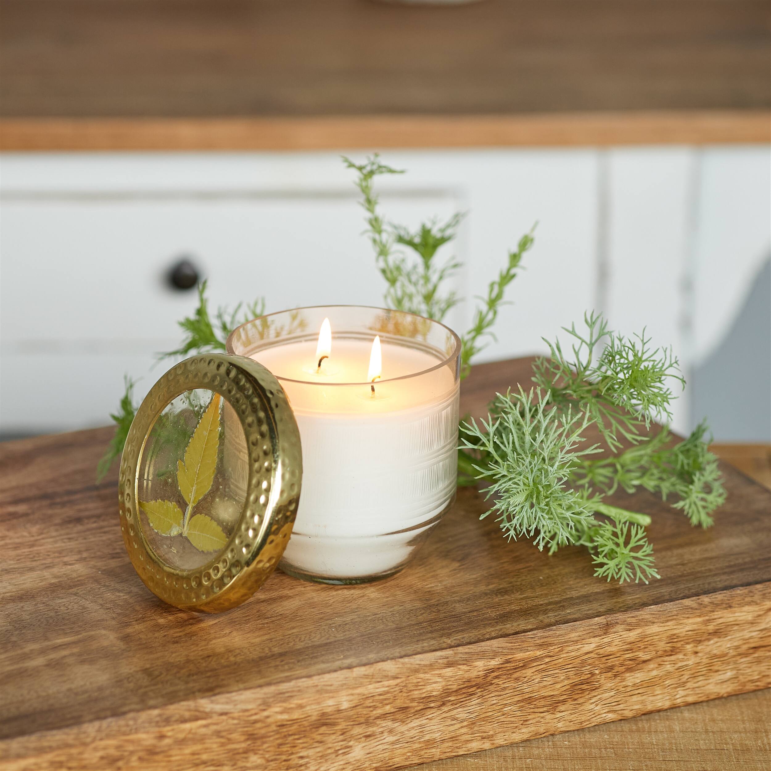 Alt View 1. BreeBe - Whit Currant Scented Soy Candle with Pressed Floral Lid 4.25"D - White, Gold.