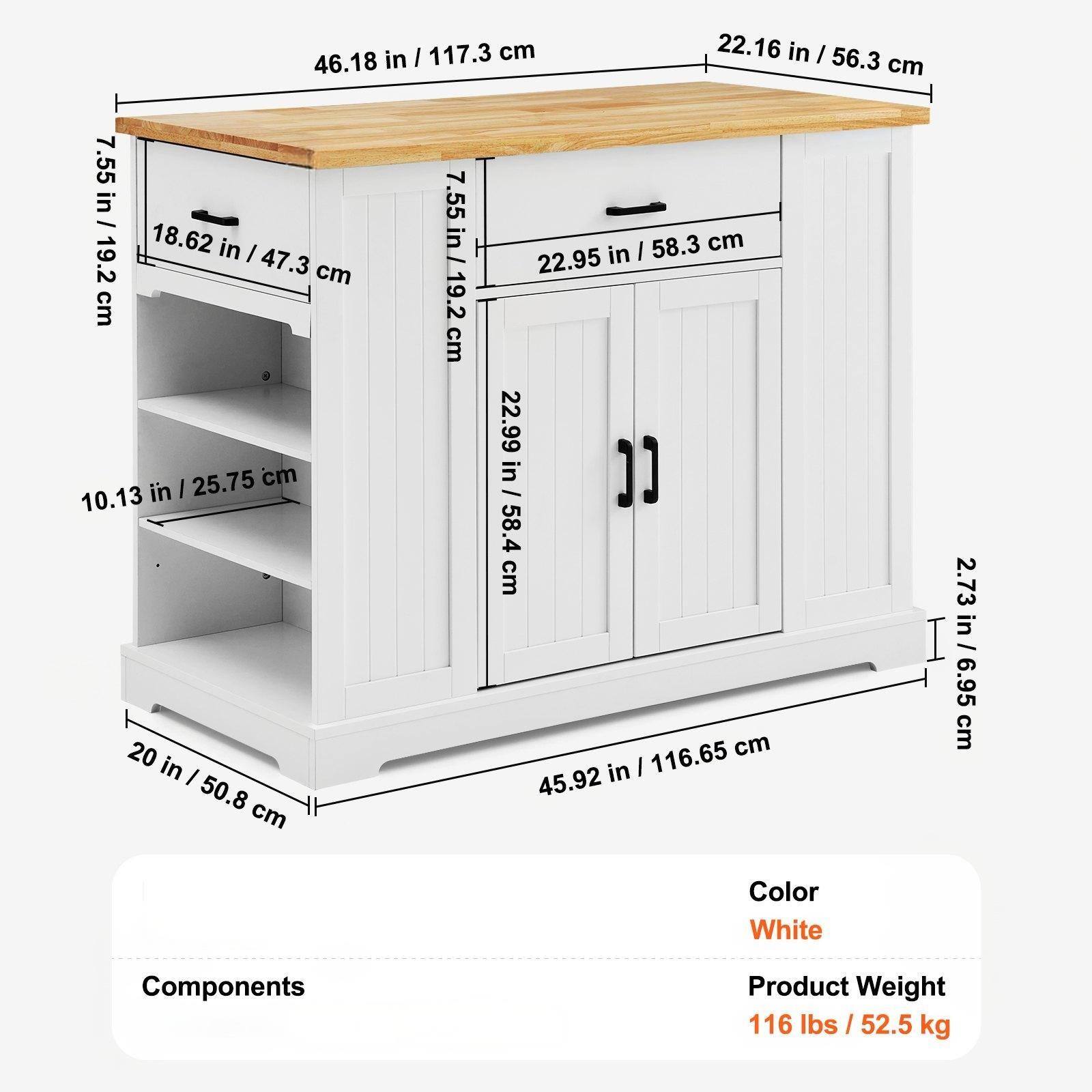 - **Dimensions:**
  - Width: 46.18 in / 117.3 cm
  - Depth: 22.16 in / 56.3 cm
  - Height: 45.92 in / 116.65 cm
  - Shelf Depth: 10.13 in / 25.75 cm
  - Shelf Height: 18.62 in / 47.3 cm
  - Drawer Height: 7.55 in / 19.2 cm
  - Drawer Width: 22.95 in / 58.3 cm
  - Drawer Height: 22.99 in / 58.4 cm
  - Drawer Height: 2.73 in / 6.95 cm
  - Base Width: 20 in / 50.8 cm

- **Color:** White

- **Product Weight:** 116 lbs / 52.5 kg