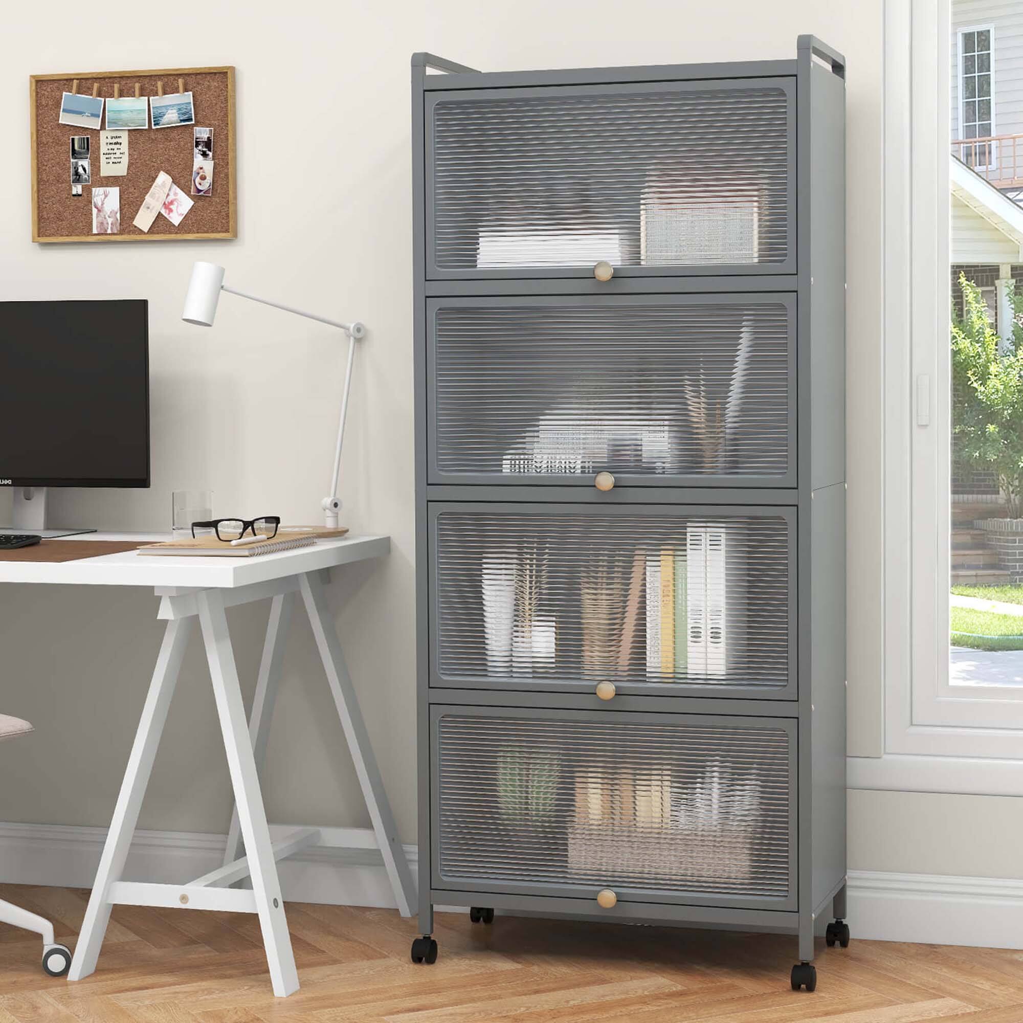 Alt View 7. Costway - Costway 5-Tier Kitchen Baker's Rack Storage Cabinet Mobile Microwave Stand Flip-up Doors Grey - Grey.