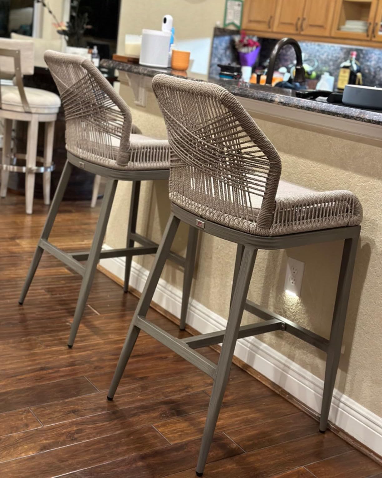 Back. PURPLE LEAF - Outdoor Bar/Counter Height Stool Set of 2 Wicker Rattan Bar stools with Back Aluminum Outside Garden Patio Bar Chairs - Twill-Light Grey-Bar Height.