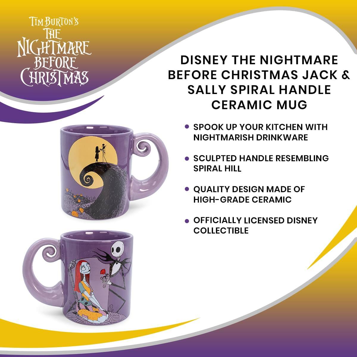 **Tim Burton's The Nightmare Before Christmas**

**Disney The Nightmare Before Christmas Jack & Sally Spiral Handle Ceramic Mug**

- Spook up your kitchen with nightmarish drinkware
- Sculpted handle resembling spiral hill
- Quality design made of high-grade ceramic
- Officially licensed Disney collectible
