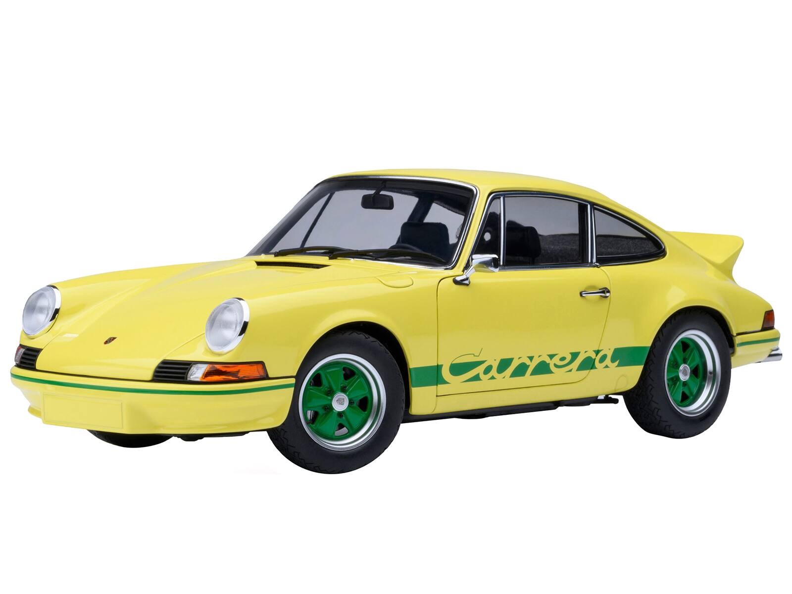 Front. Autoart - Porsche 911 Carrera 2.7 RS Light Yellow with Green Stripes and Wheels 1/18 Model Car by Autoart.