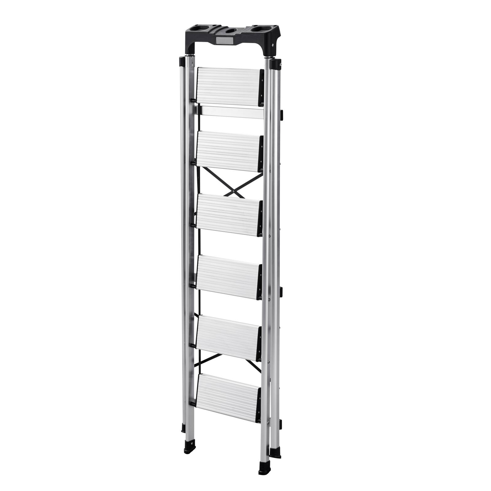 Alt View 5. VEVOR - 6 Step Ladder, Folding Step Stool with Wide Anti-Slip Pedal and Comfort Handgrip, 330 lbs Capacity Portable Aluminum - Silver.