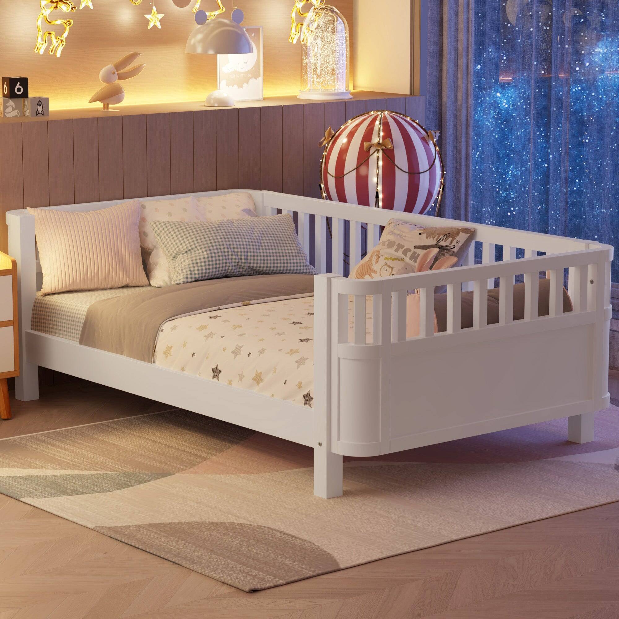 Alt View 5. Boyel Living - Twin Size Wood Platform Bed for Kids with Low Profile and Safety Rails, White (Patented Design) - White.