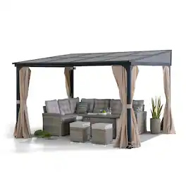 SUNJOY - 10x12 ft Wall Mounted Gazebo with PC-Roof, Black Aluminum & Metal Frame Lean to Gazebo with Curtains and Netting - 10*12 Polycarbonate Roof