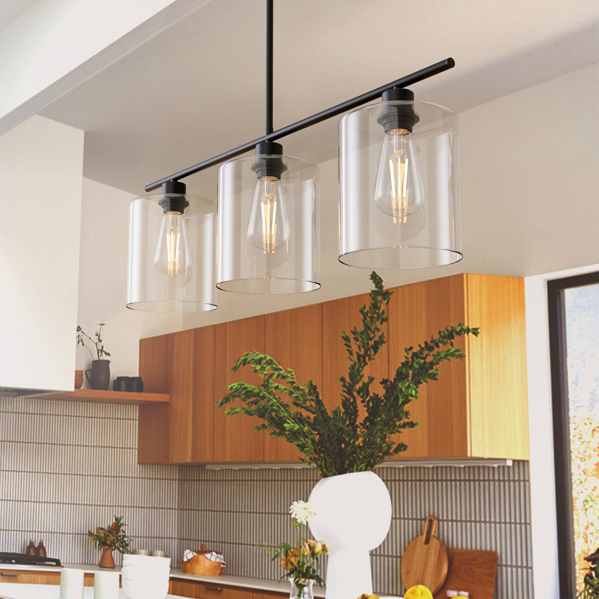 Angle. Jandcase - JANDCASE 3-Light Black Island Pendant Light, Clear Glass Shades E26 Socket, Non-Integrated Bulbs, for Kitchen Island - Black.