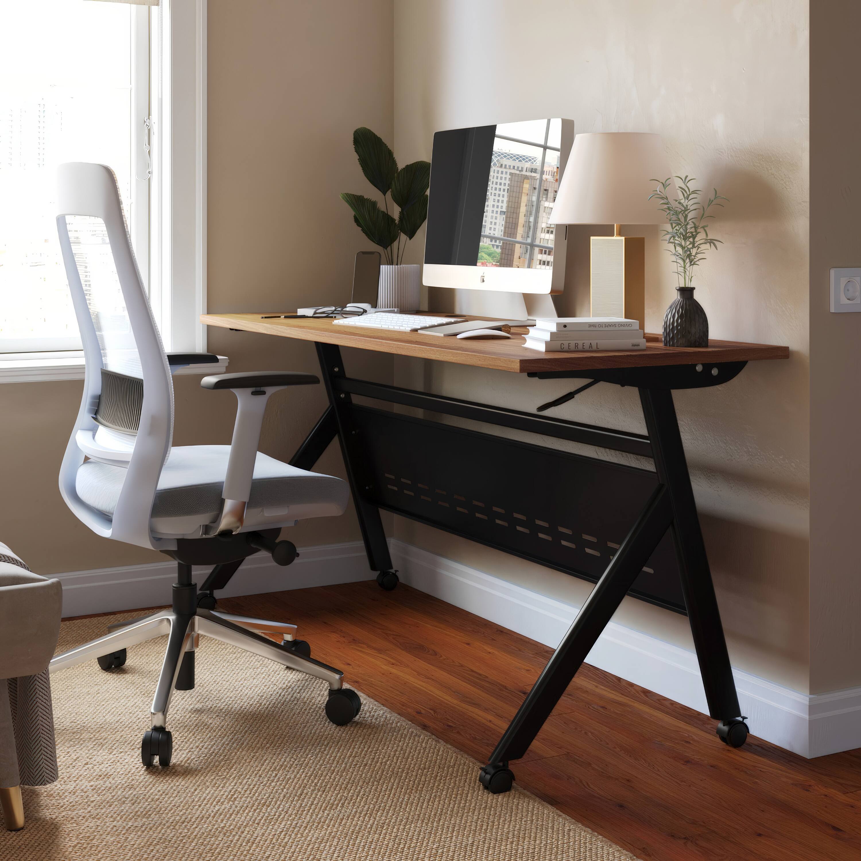 Alt View 1. Emma + Oliver - Griffin Heavy-Duty Flip Top Training Table with Nesting Design, Privacy Panel, Y-Legs, Tabletop, Metal Frame - Walnut Top/Black Frame.