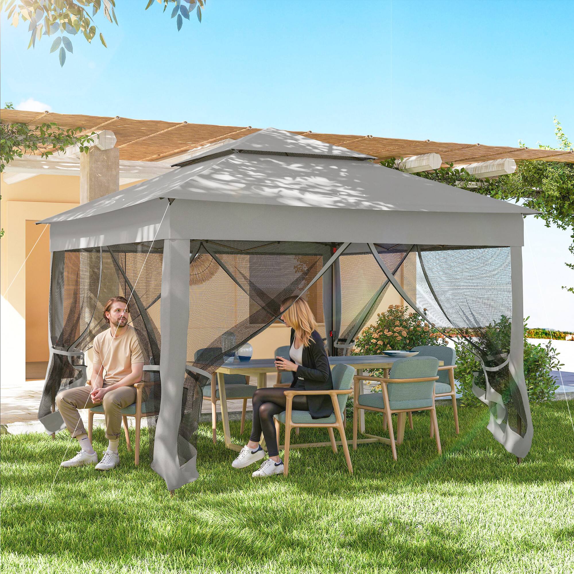 Alt View 7. Outsunny - Outdoor Patio Pop Up Canopy Gazebo Shelter with Zipper Netting, Carry Bag, 11' x 11' - Light Gray.