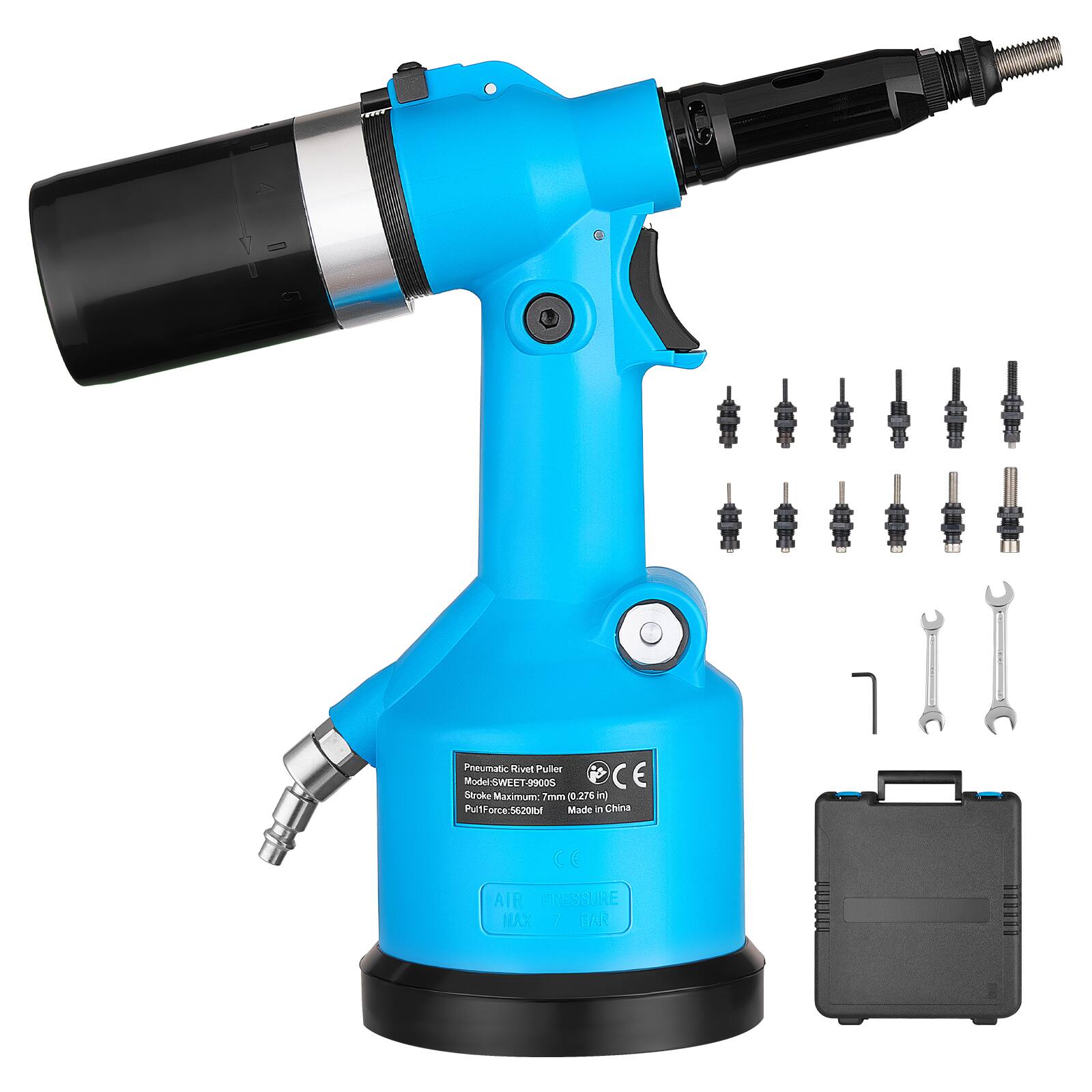 Pneumatic Rivet Puller  
Model: SWEET-9900S  
CE  
Stroke Maximum: 7mm (0.276")  
Pull Force: 5620lb  
Made in China  

CE  
AIR PRESSURE MAX 1 BAR