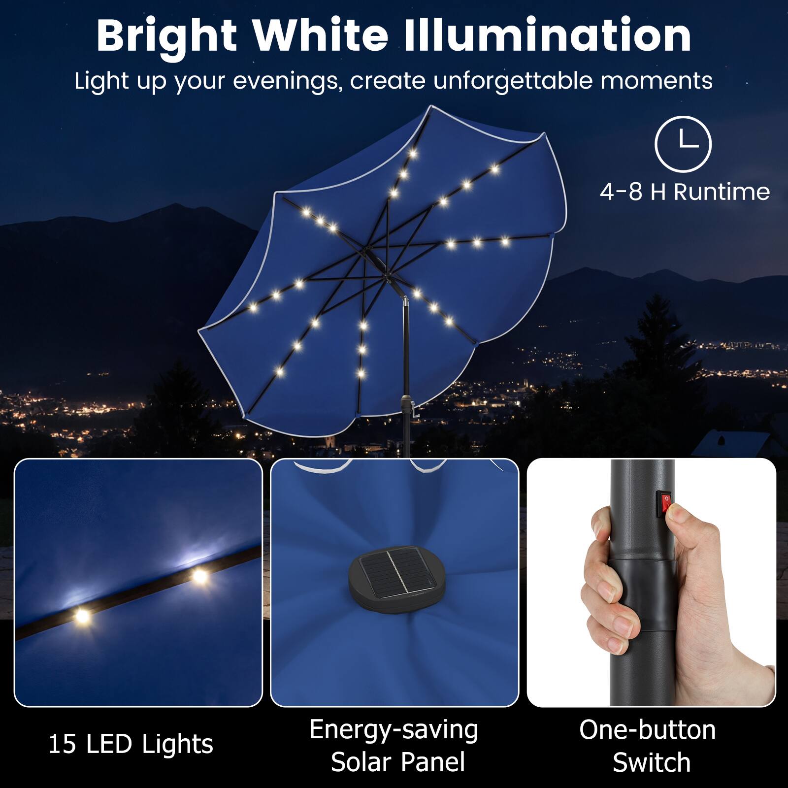 Bright White Illumination  
Light up your evenings, create unforgettable moments  

- 4-8 H Runtime  
- 15 LED Lights  
- Energy-saving Solar Panel  
- One-button Switch