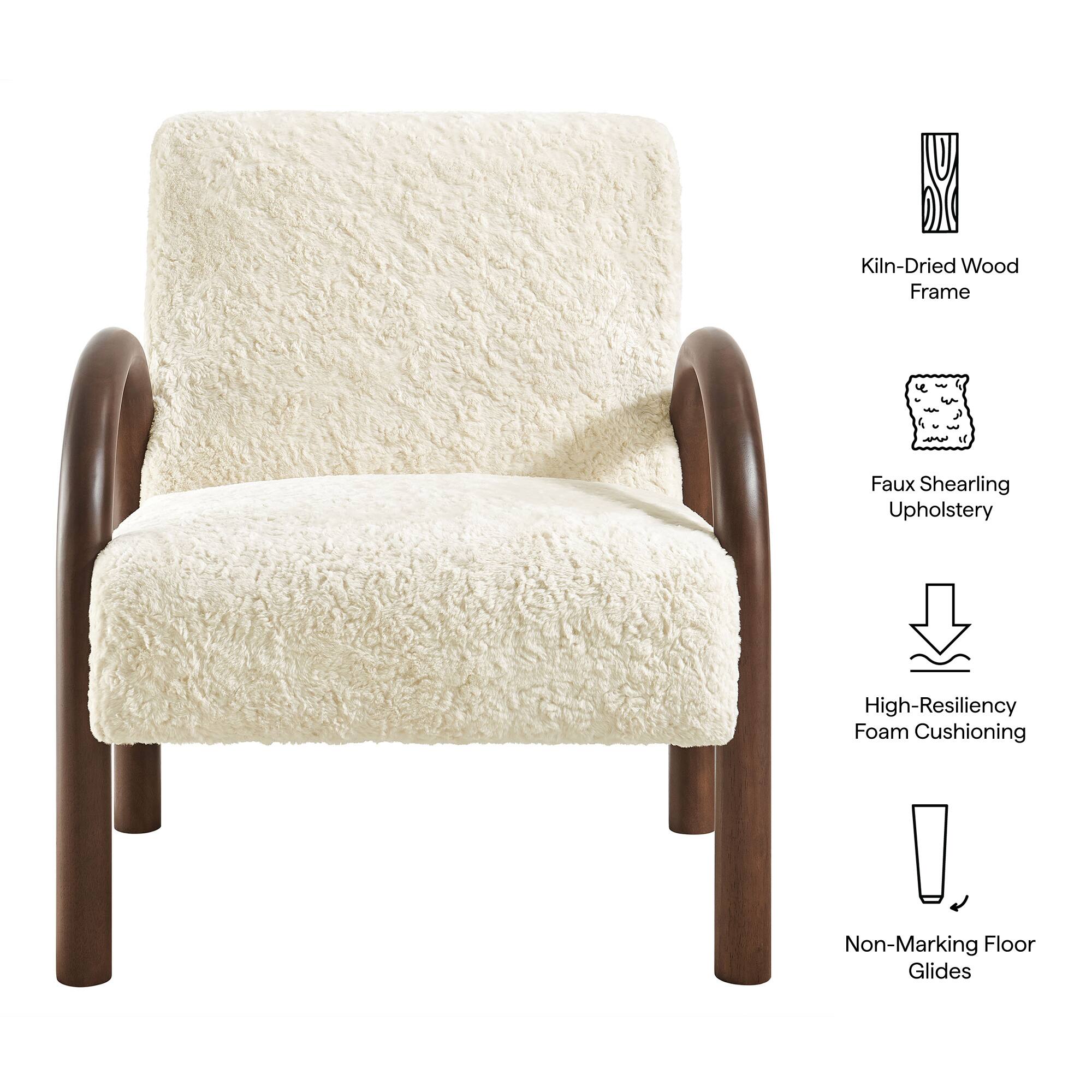 Kiln-Dried Wood Frame  
Faux Shearling Upholstery  
High-Resiliency Foam Cushioning  
Non-Marking Floor Glides