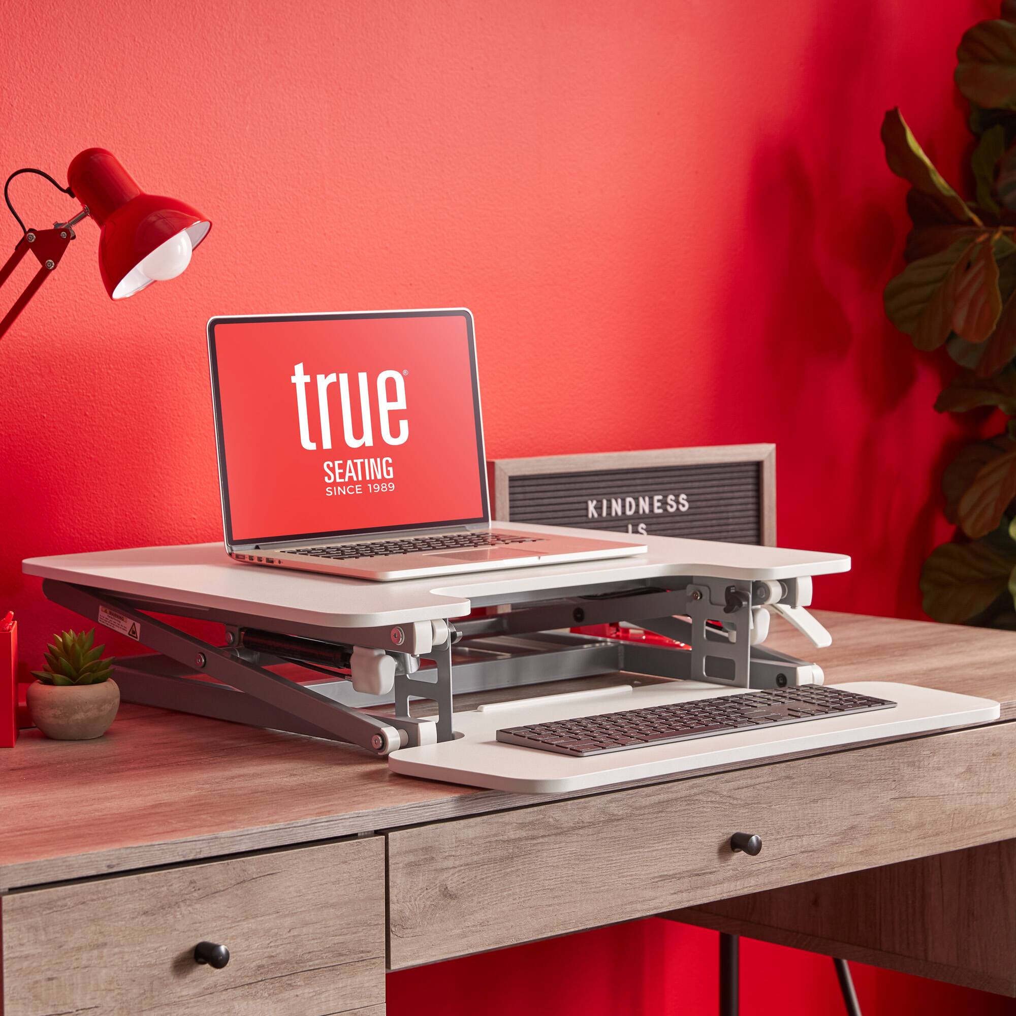 The image features a laptop computer sitting on a desk. The laptop is placed on a stand, and there is a keyboard and a mouse nearby. The desk is situated in a room with a red wall, and a potted plant can be seen in the background. The laptop is open, possibly displaying a message or a website related to the company True Seating.