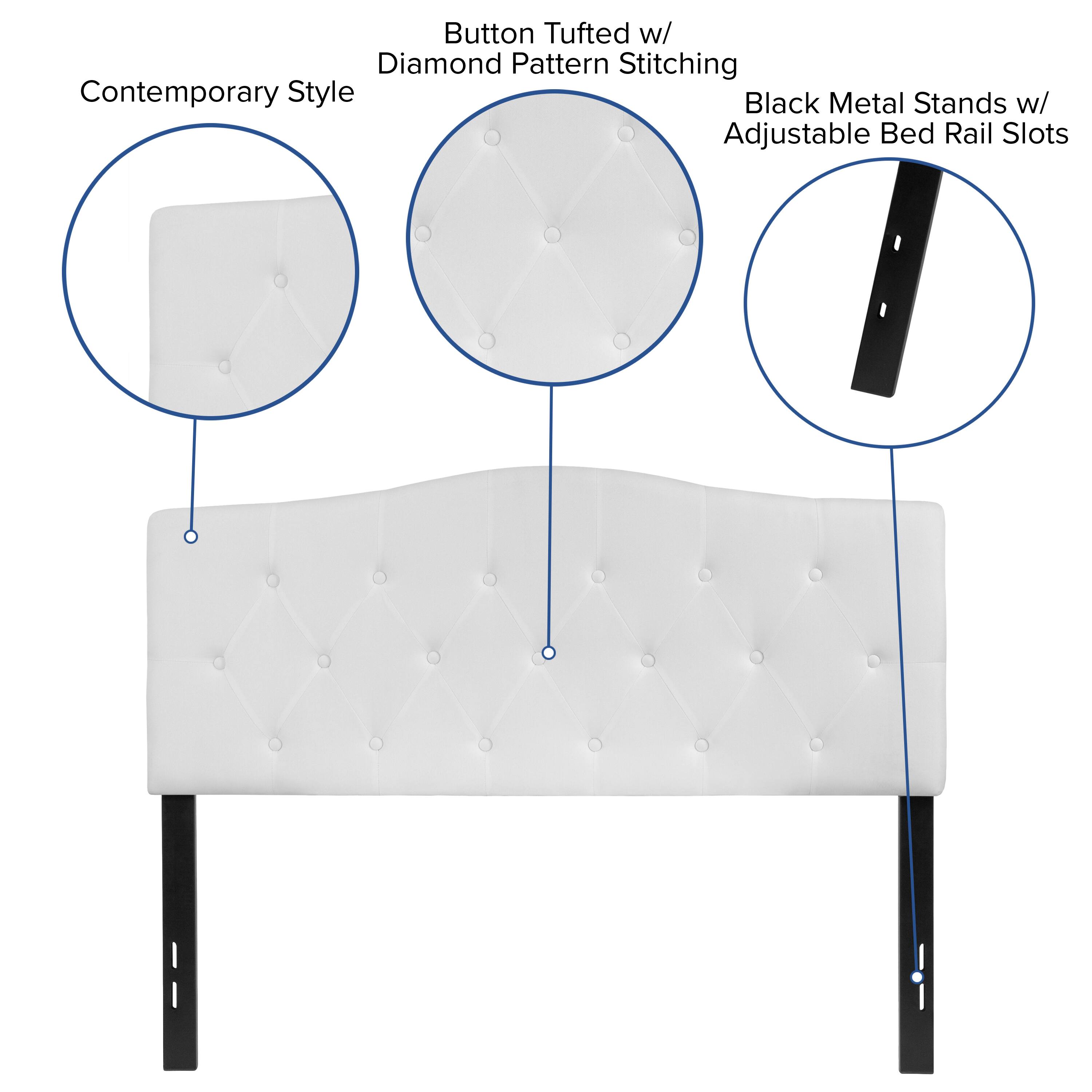 Button Tufted w/ Diamond Pattern Stitching  
Contemporary Style  
Black Metal Stands w/ Adjustable Bed Rail Slots