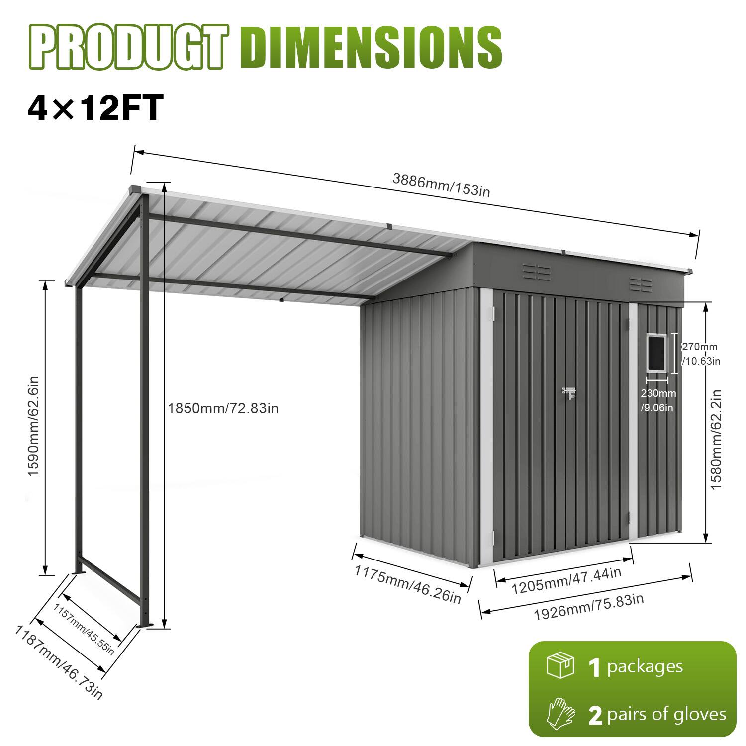 PRODUCT DIMENSIONS  
4 x 12FT  
3886mm/153in  
1850mm/72.83in  
1590mm/62.6in  
1157mm/45.55in  
1187mm/46.73in  
270mm/10.63in  
230mm/9.06in  
1580mm/62.2in  
1205mm/47.44in  
1175mm/46.26in  
1926mm/75.83in  

1 package  
2 pairs of gloves