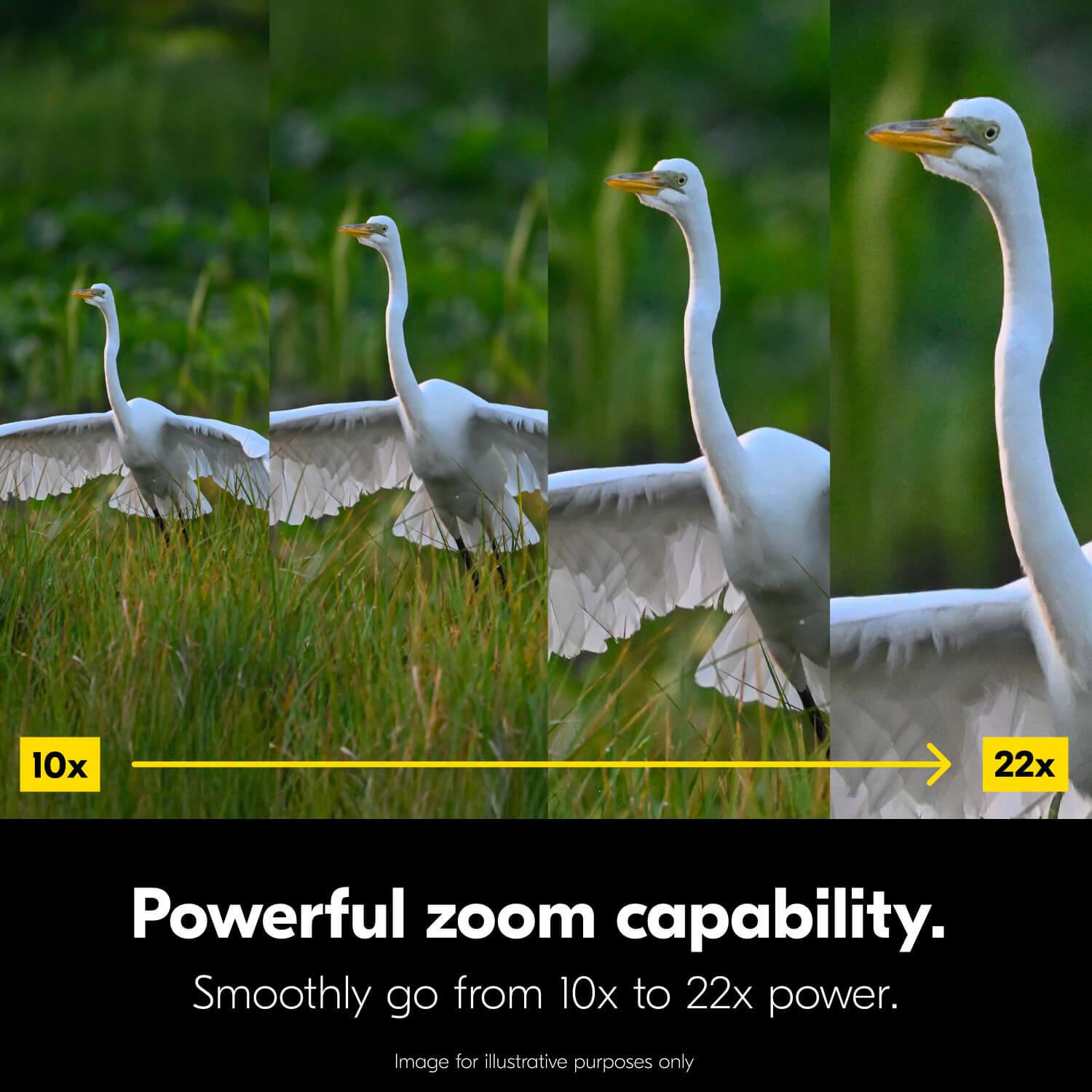 10x 22x Powerful zoom capability. Smoothly go from 10x to 22x power. Image for illustrative purposes only