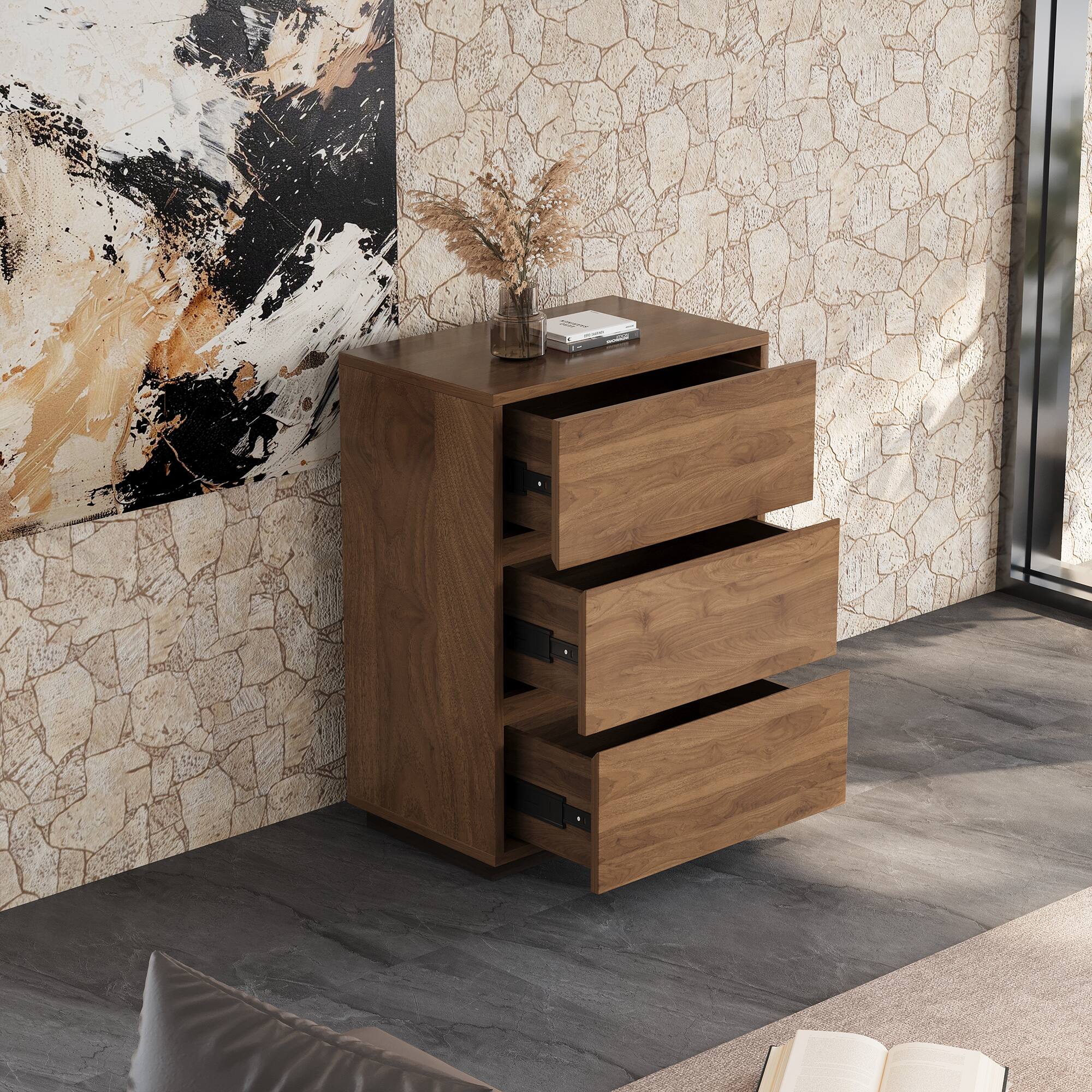 Left. luck idea - 23.62" Three-Drawer Storage Cabinet & Decorative Cabinet, Suitable for Multiple Scenarios - Walnut color.