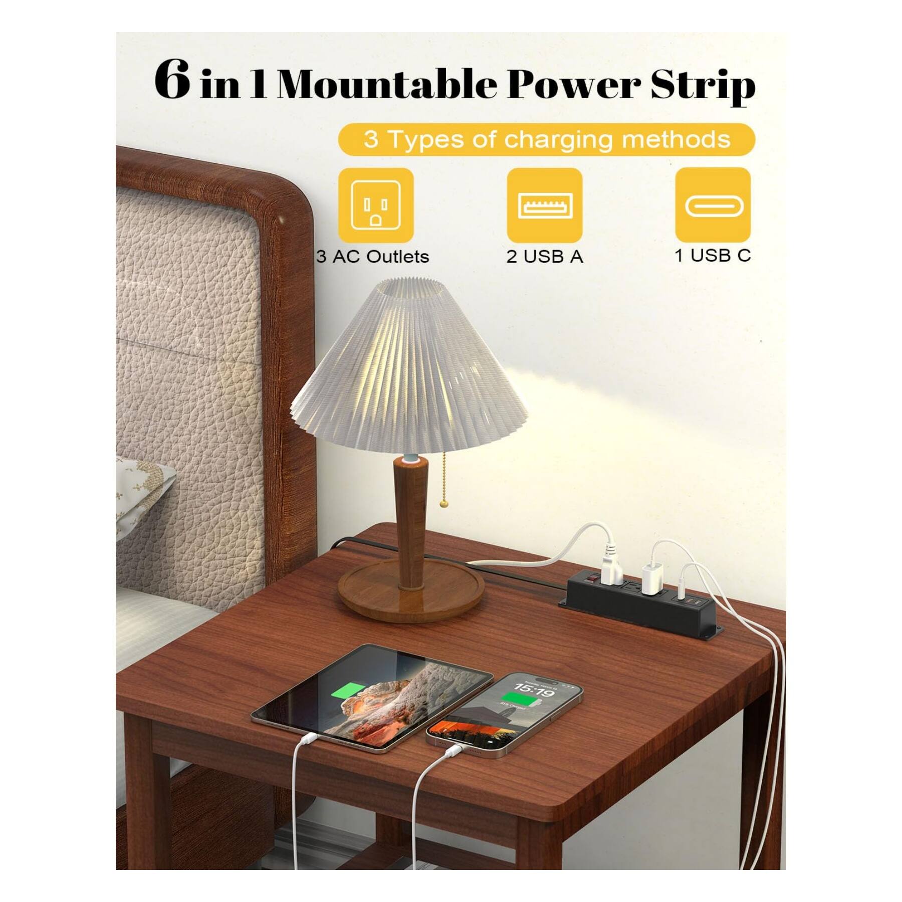6 in 1 Mountable Power Strip  
3 Types of charging methods  
3 AC Outlets  
2 USB A  
1 USB C
