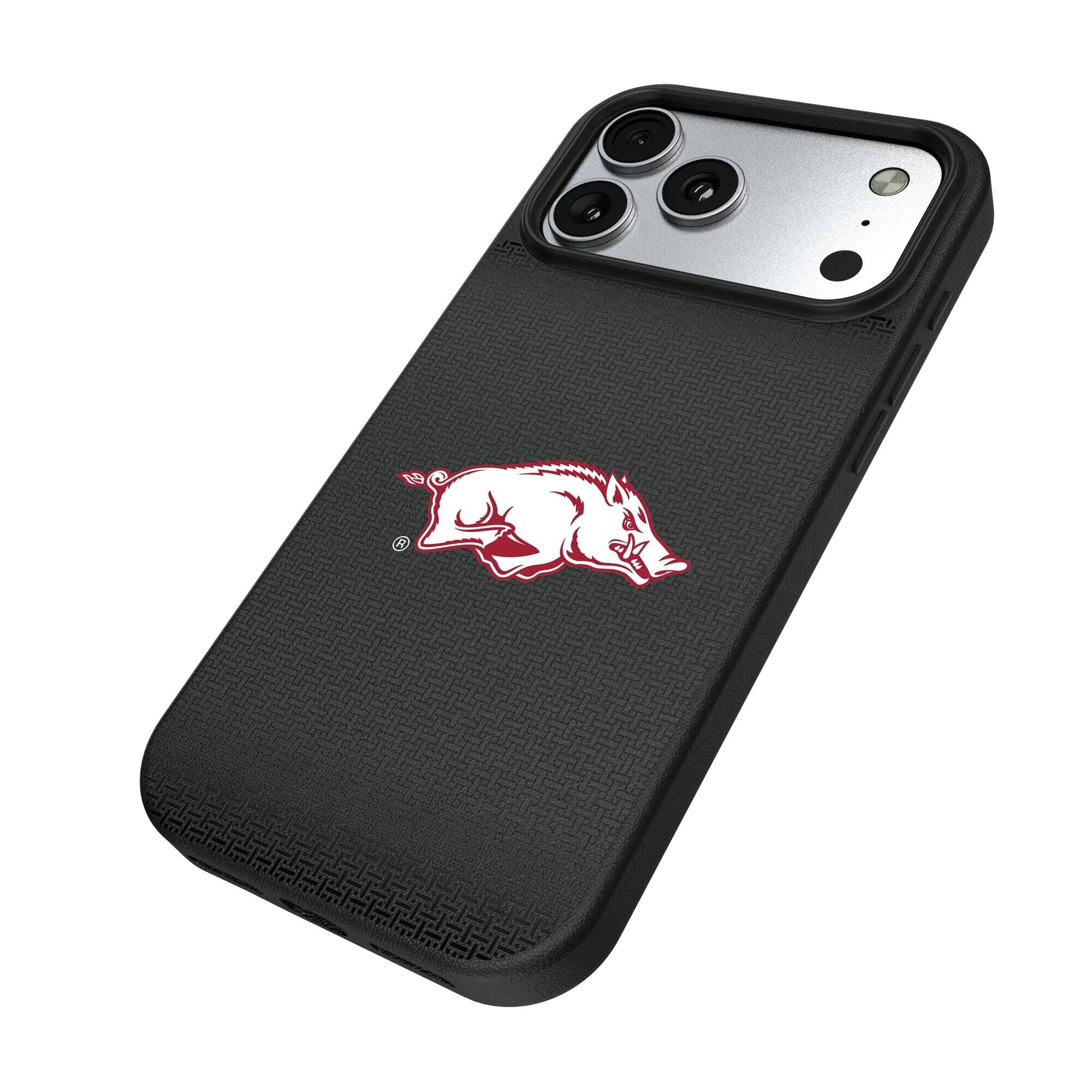 Alt View 1. Keyscaper - Arkansas Razorbacks Linen Logo iPhone Magnetic Bump Case - 17 Pro - Black.