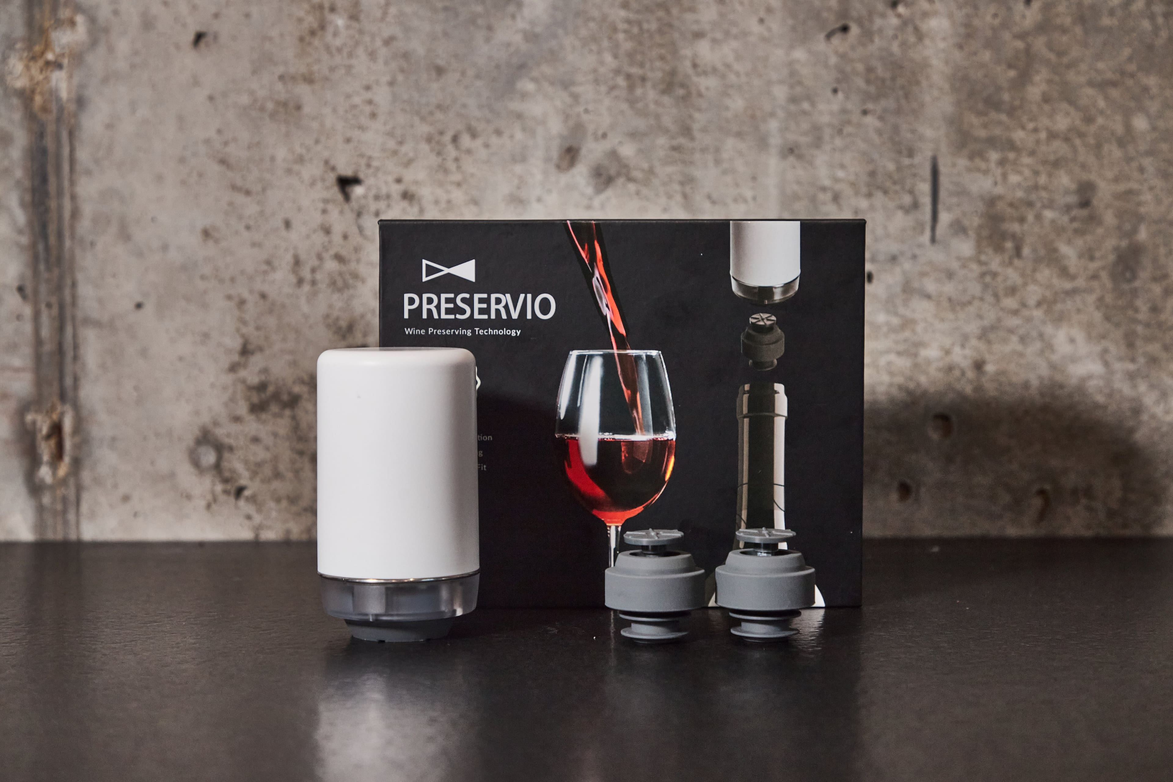 Preservio - Wine Preservation System – Keep Wine Fresh for Weeks – Precision Pressure Seal with Reusable Stoppers - White and Grey