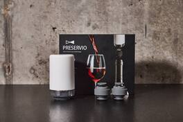 Preservio - #1 Non-Gas Wine Preservation Set – Keep Wine Fresh for Weeks – Precision Pressure + 2 Silicone Stoppers - White and Grey