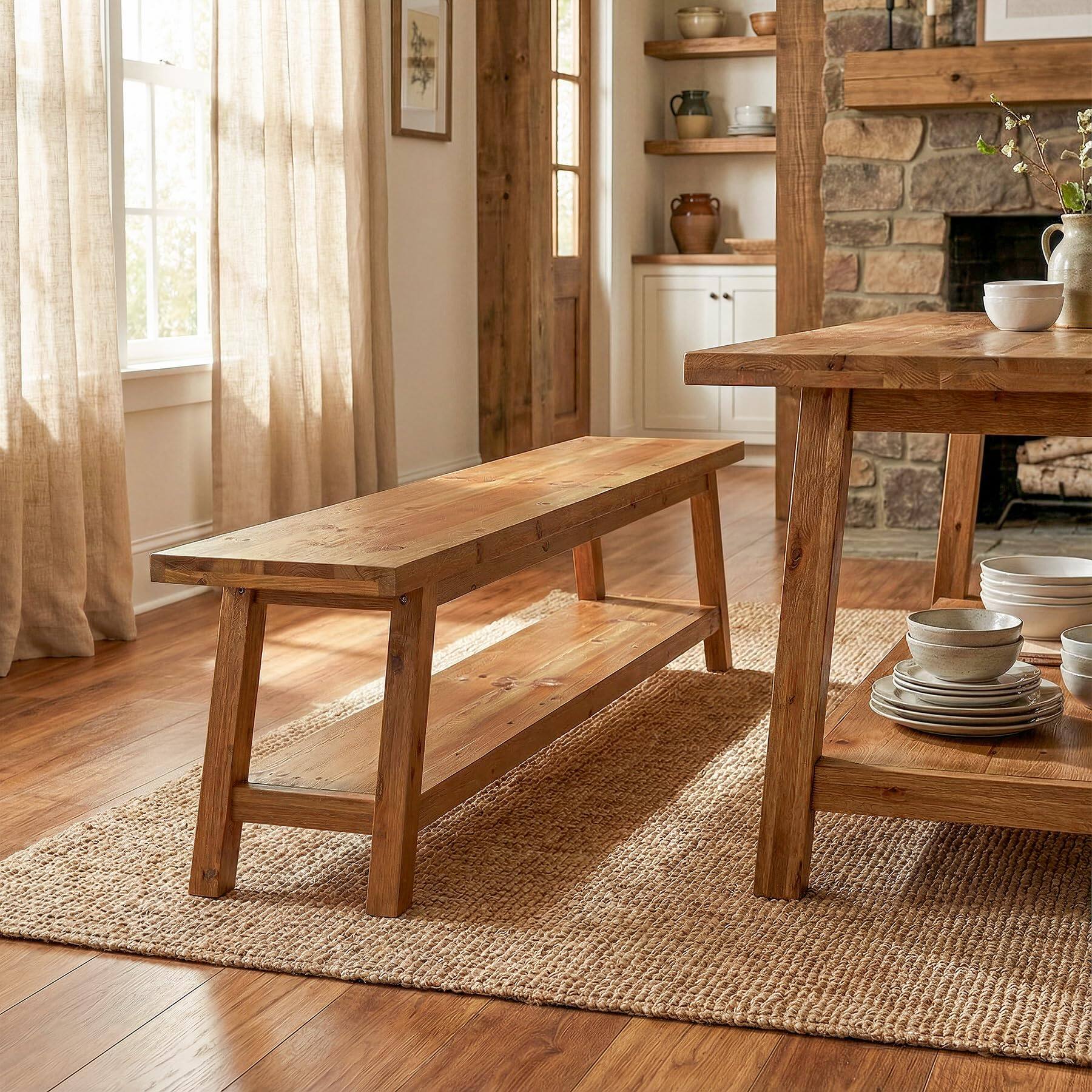 Back. Tribesigns - Solid Wood 63-inch Long Dining Bench with Storage Shelf, - Brown.