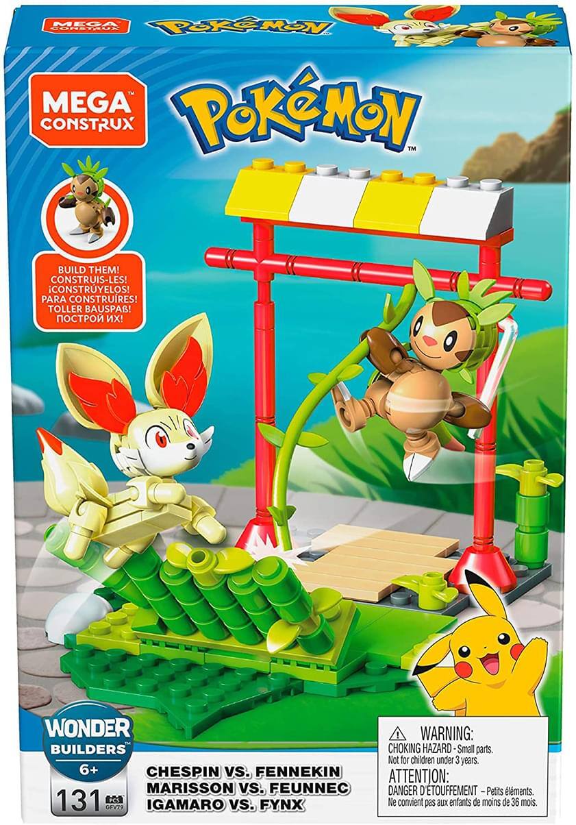 **MEGA CONSTRUX**

**POKÉMON**

**BUILD THEM! CONSTRUI-LES! CONSTRUYELOS! PARA CONSTRUIRES! TOLLER BAUSPAG! ПОСТРОЙ ИХ!**

**WONDER BUILDERS 6+**

**CHESPIN vs. FENNEKIN**  
**MARISSON vs. FEUNNEC**  
**IGAMARO vs. FYNX**

**131 PCS**

**WARNING: CHOKING HAZARD - Small parts. Not for children under 3 years.**  
**ATTENTION: DANGER D'ÉTOUFFEMENT - Petits éléments. Ne convient pas aux enfants de moins de 36 mois.**