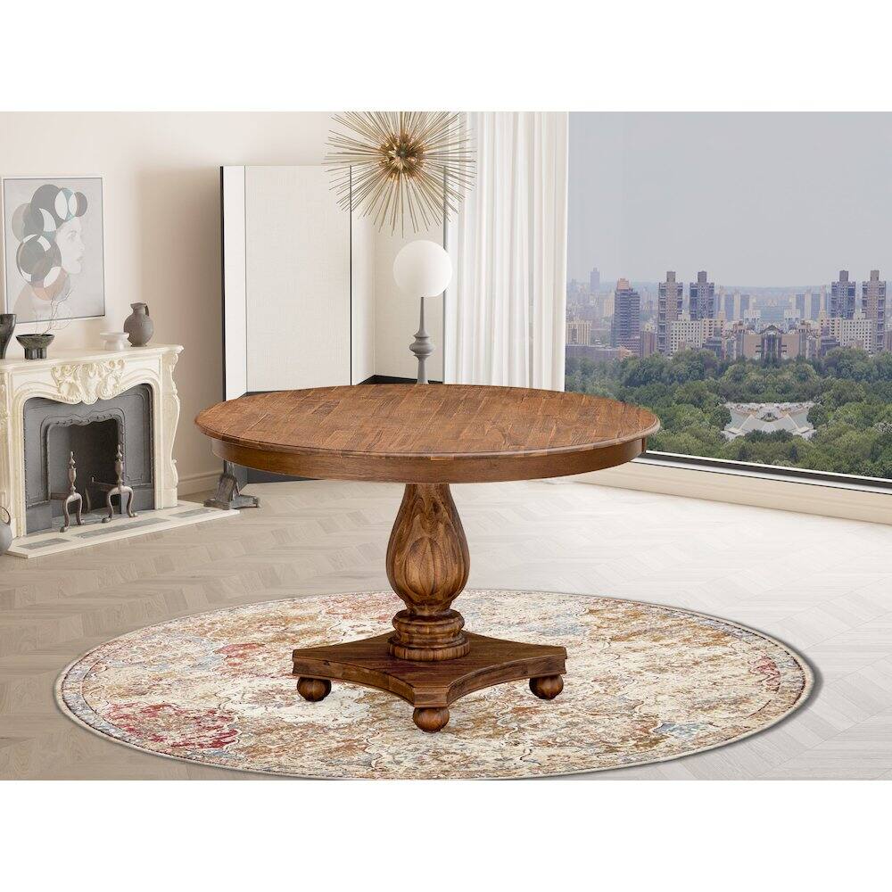 Back. East West Furniture - FE2-0N-TP FERRIS Round Dining Table with Pedestal, Rustic Rubberwood Table in Sandblasting Antique Walnut Finish - Sandblasting Antique Walnut.