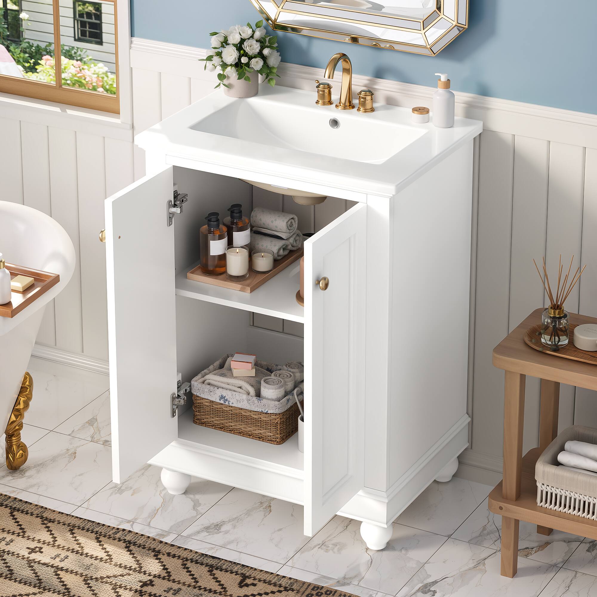 Whisen - 24" Modern Bathroom Vanity Cabinet with Sink Adjustable Shelf and Soft-Closing Hinges Storage - White