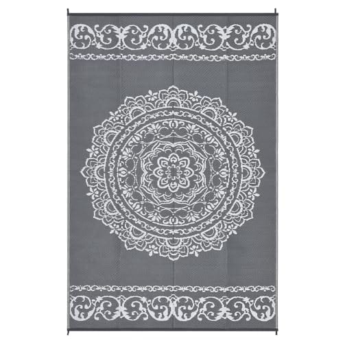 Earthley Blooms - Outdoor Rug Waterproof Mat For Patio Boho Reversible Plastic Straw Rugs Camping Carpet Clearance PREMIUM QU - Gray/White-5' x 8' (Rectangular)