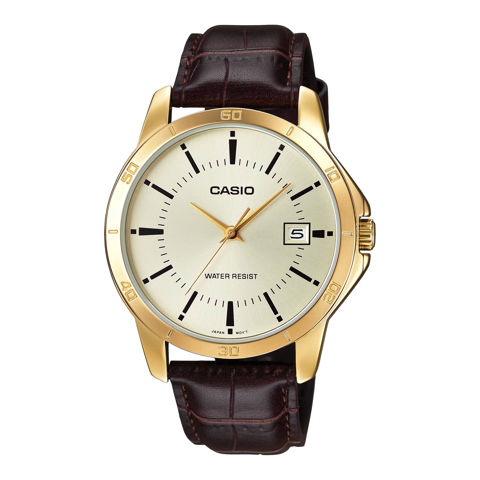 Casio - Men’s Gold Tone Analog Watch with Leather Strap - MTP-V004GL-9AUDF - Brown
