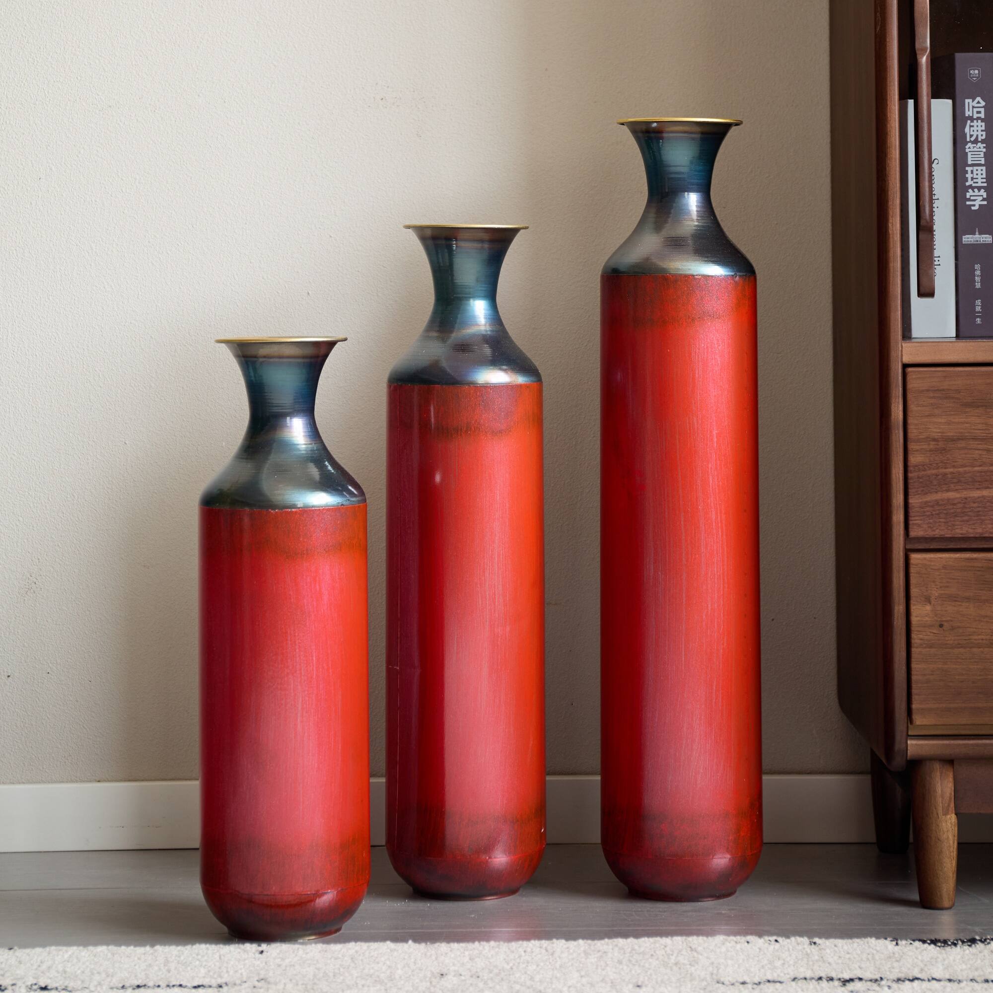Alt View 1. Boyel Living - Set of 3 Tall Metal Floor Vases with Fire-Finished Ombre Pattern - Red.