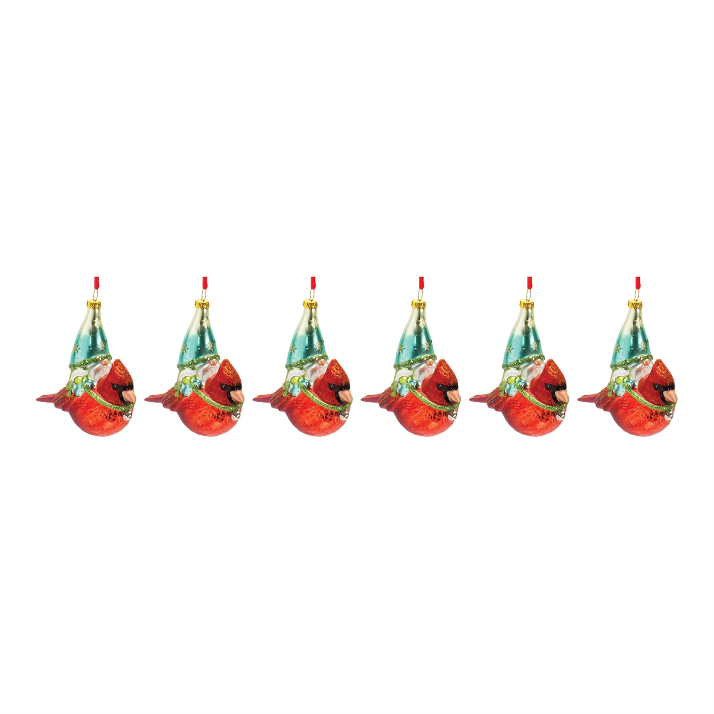 Left. BreeBe - Glass Gnome and Cardinal Bird Ornament (Set of 6) - Red, Green.