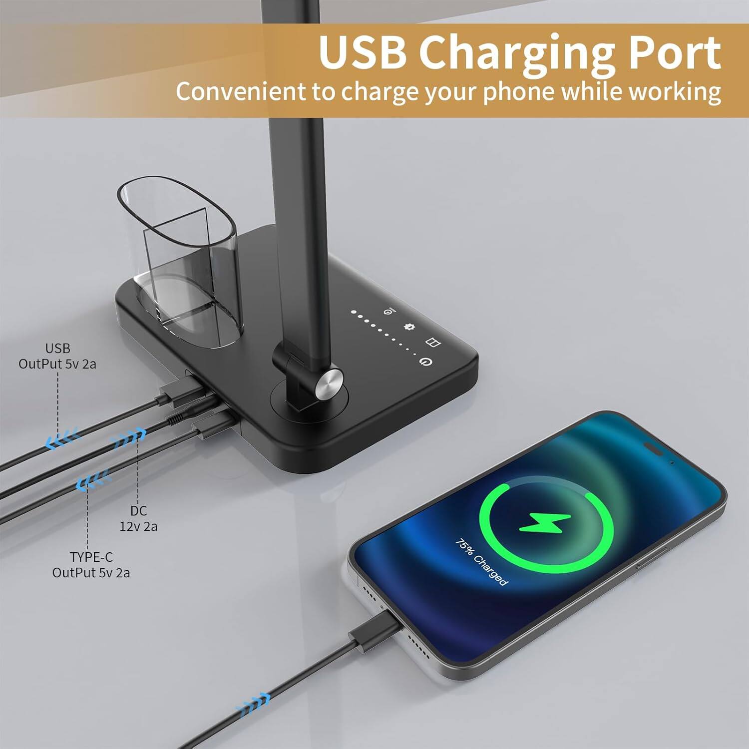 USB Charging Port  
Convenient to charge your phone while working  

USB Output 5V 2A  
DC 12V 2A  
TYPE-C Output 5V 2A  

75% Charged