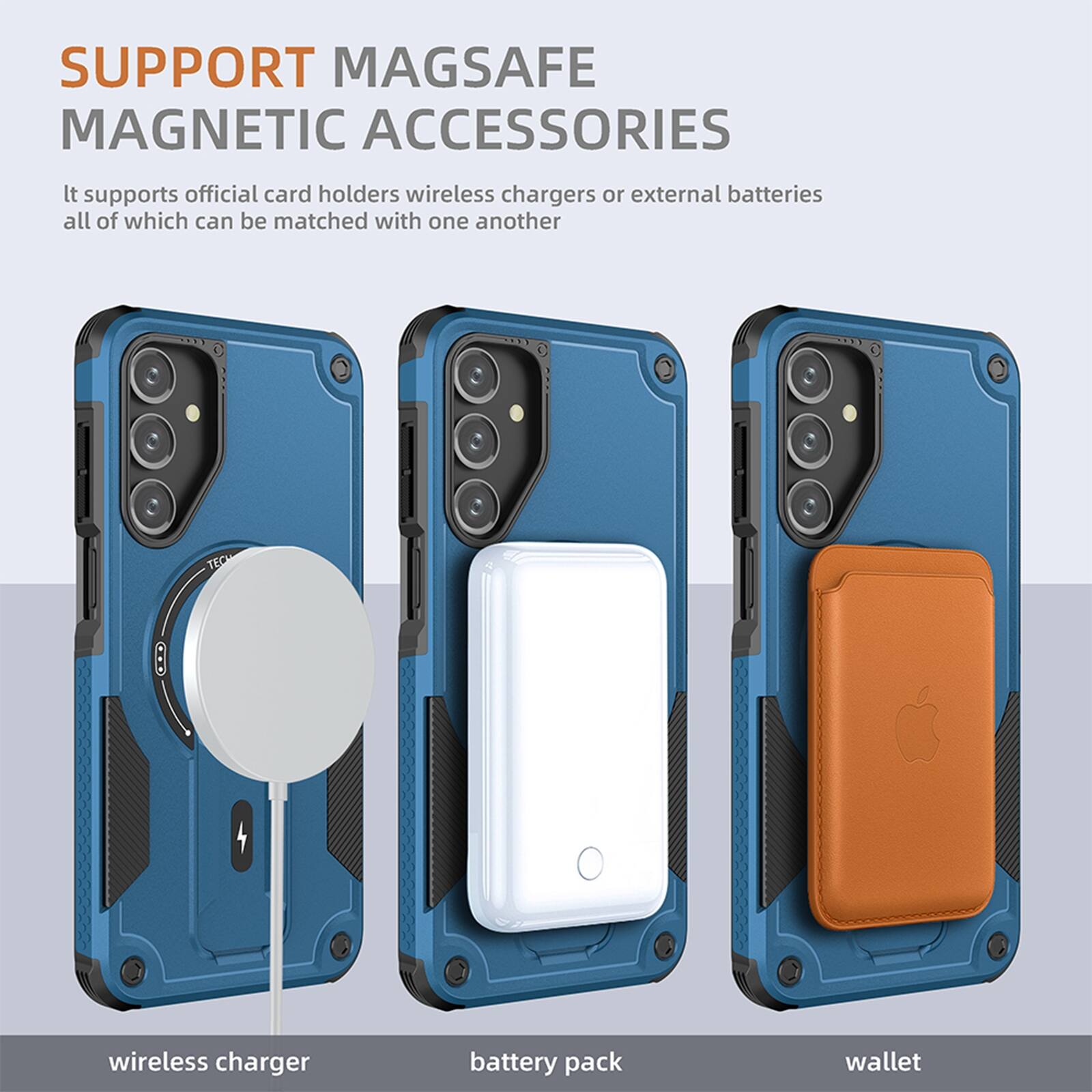 SUPPORT MAGSAFE MAGNETIC ACCESSORIES

It supports official card holders, wireless chargers, or external batteries, all of which can be matched with one another.

wireless charger  
battery pack  
wallet