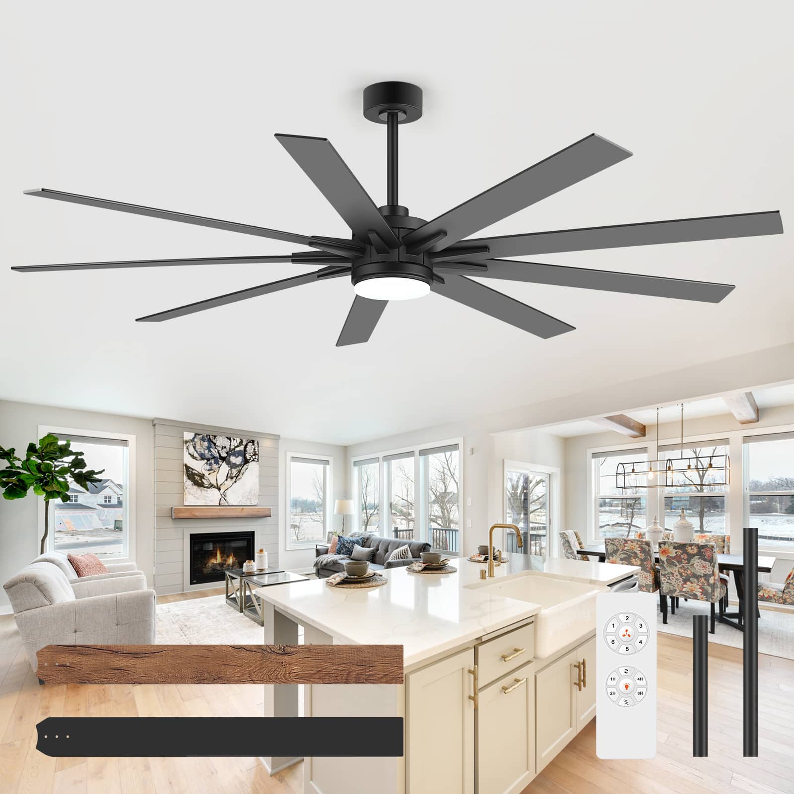 Breezary 72/84 Inch LED Ceiling Fan, 9 Blades, 24W LED Light, DC