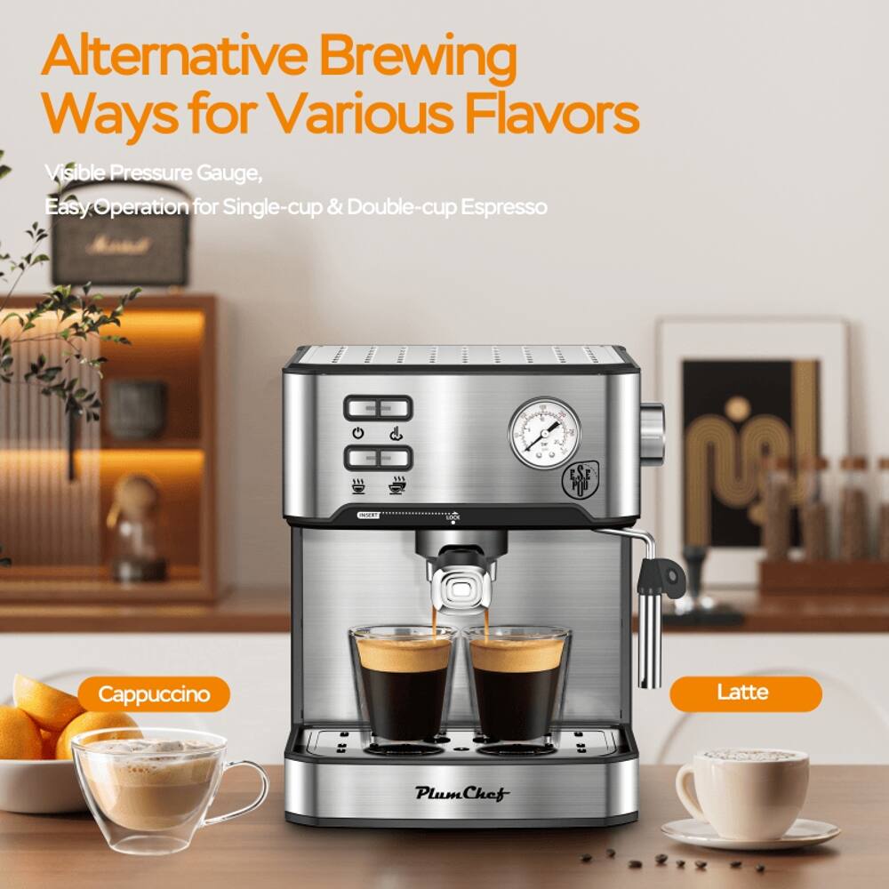 Alternative Brewing Ways for Various Flavors  
Visible Pressure Gauge, Easy Operation for Single-cup & Double-cup Espresso  
Cappuccino  
Latte
