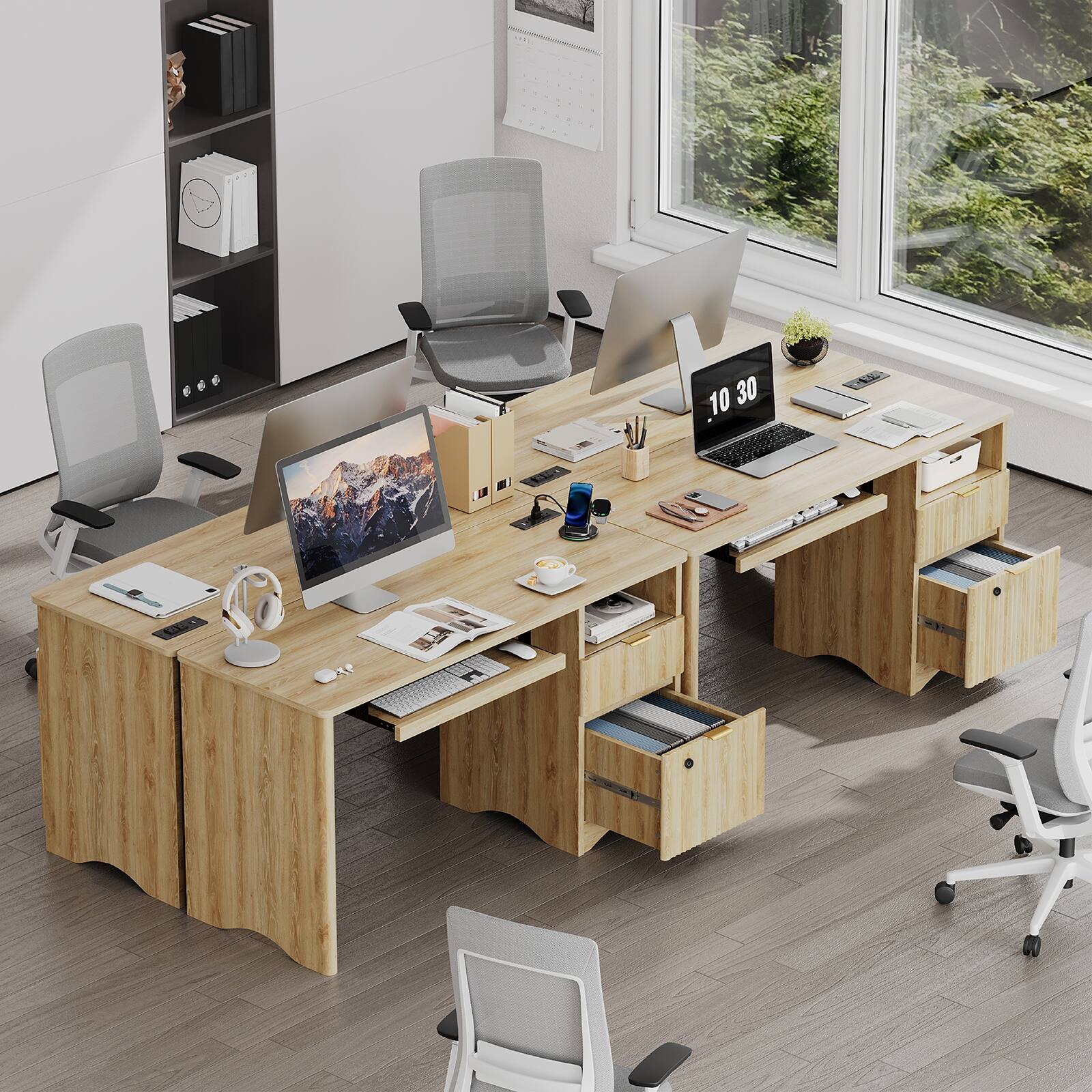 Alt View 4. Bestier - 65 Inch Smart Executive Desk with Fingerprint Lock & Built-in Power Outlet - Natual Oak.