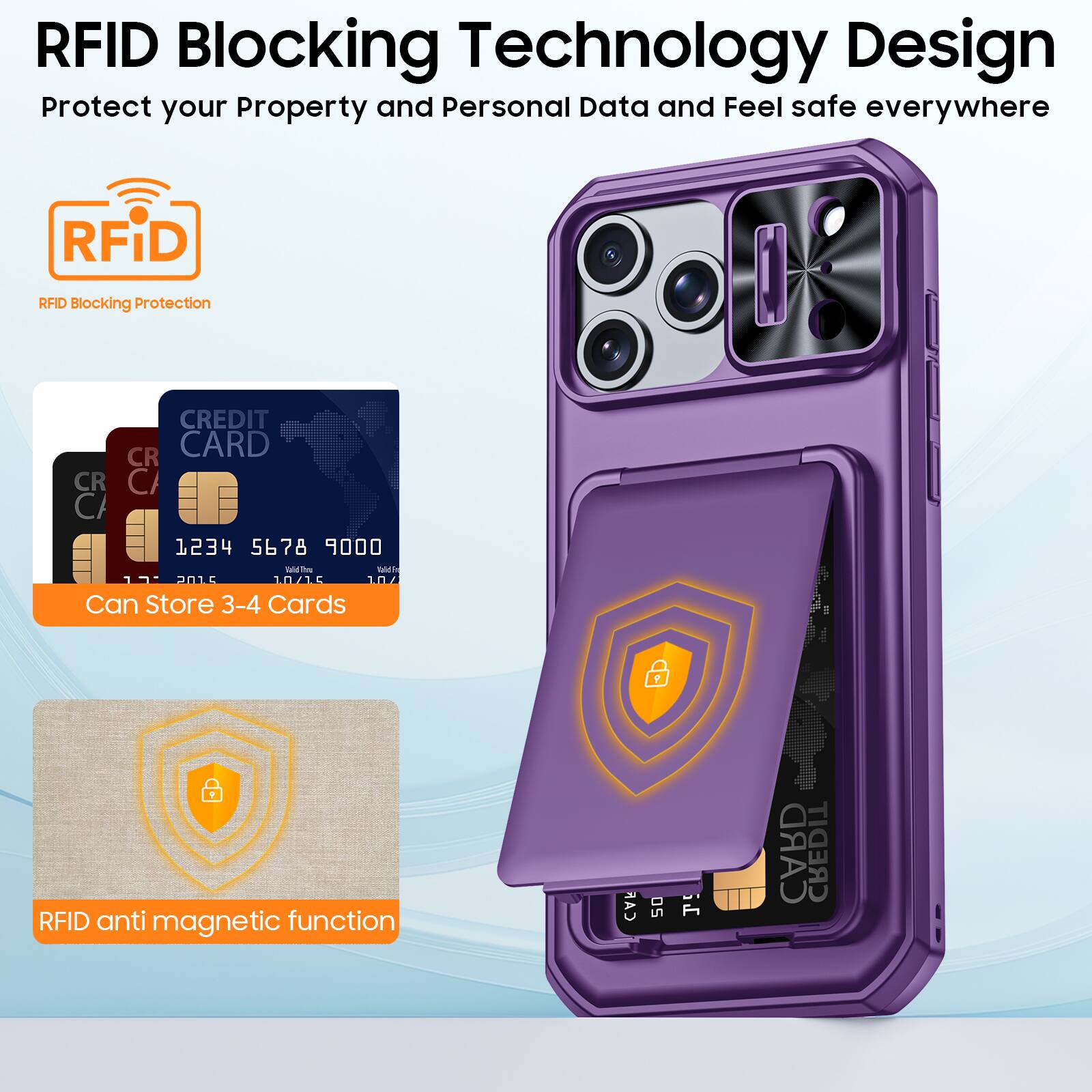 RFID Blocking Technology Design  
Protect your Property and Personal Data and Feel safe everywhere  

RFID Blocking Protection  

Can Store 3-4 Cards  

RFID anti magnetic function